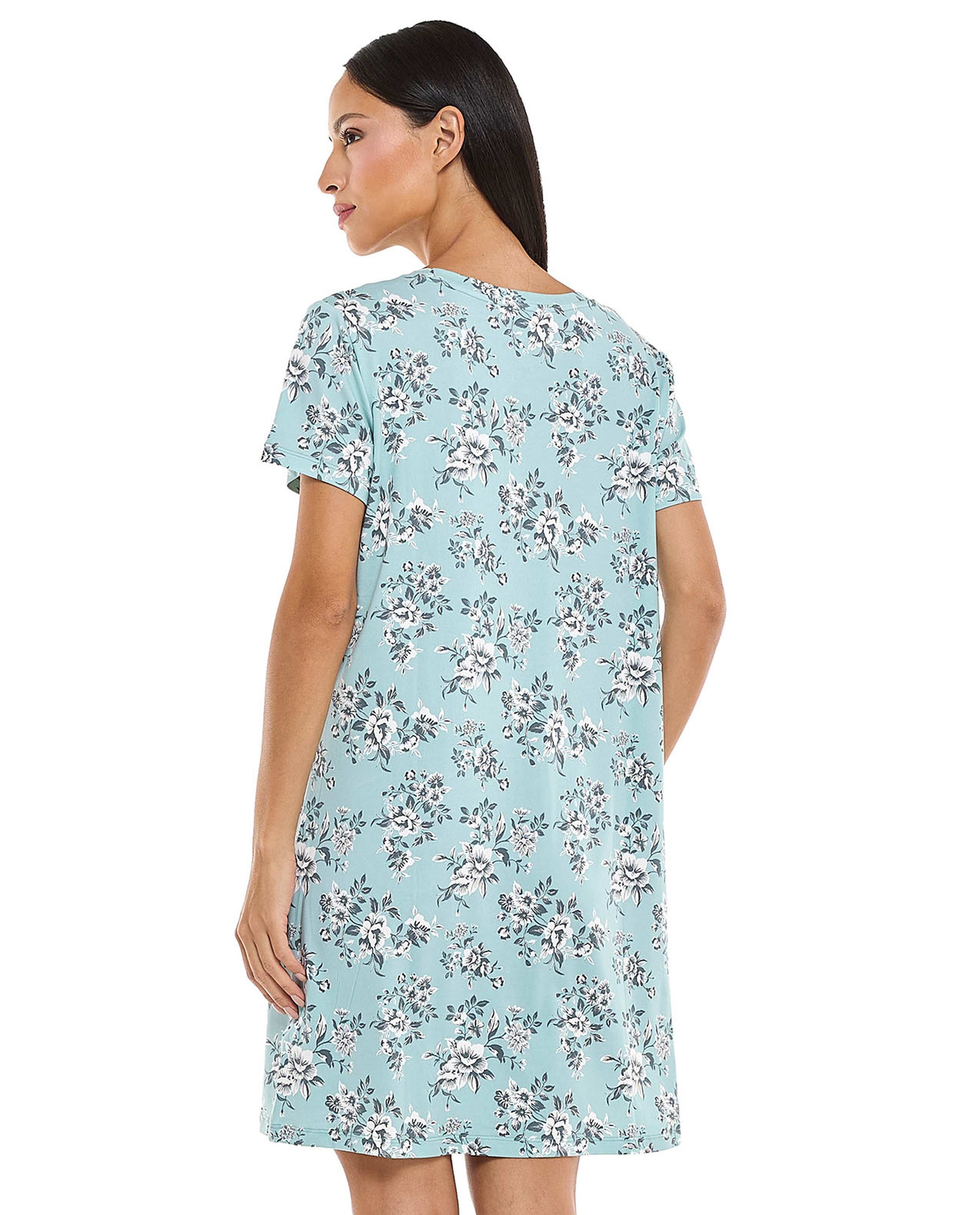 Floral Patterned Nightdress with Crew Neck and Short Sleeves