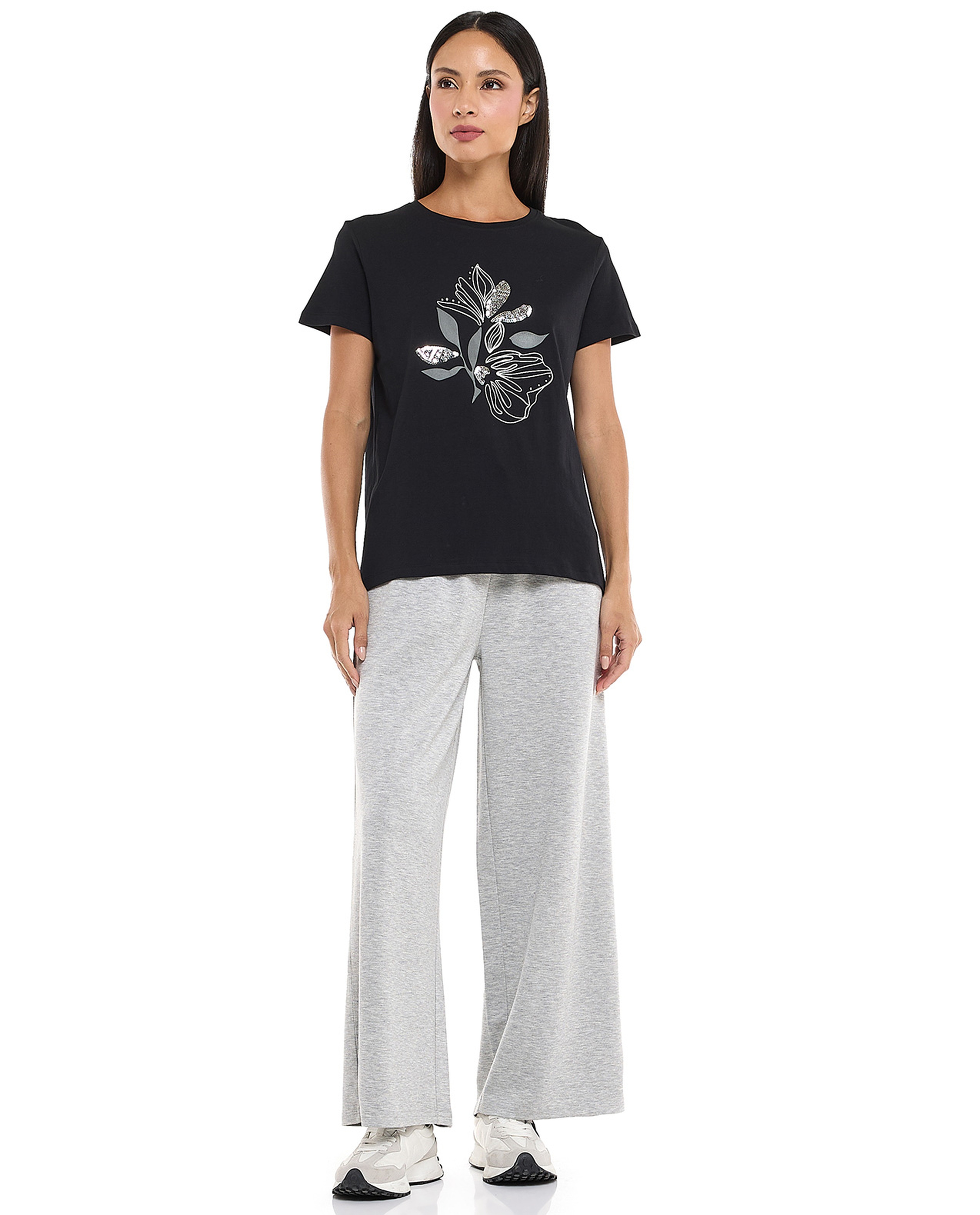 Sequined T-Shirt with Crew Neck and Short Sleeves