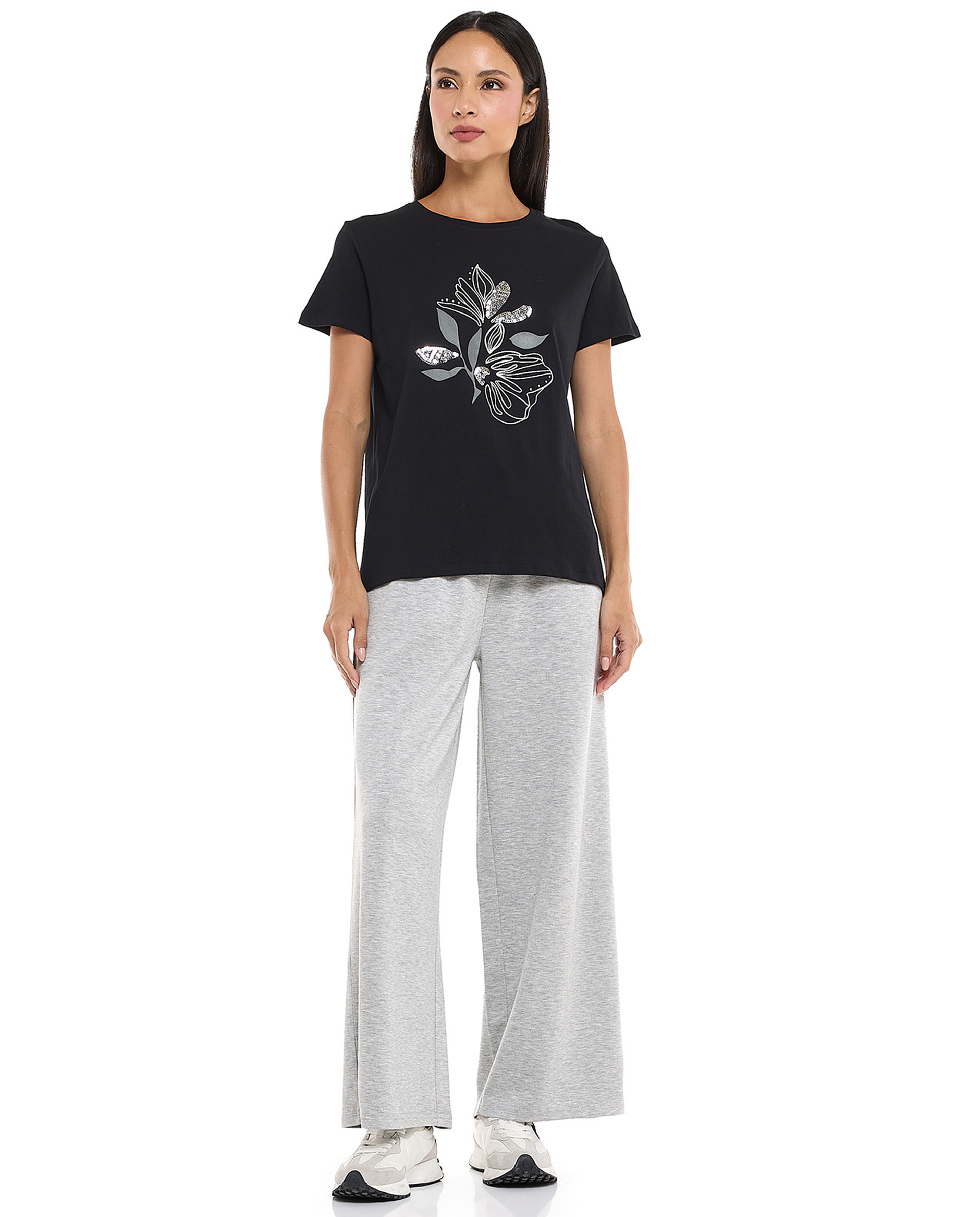 Sequined T-Shirt with Crew Neck and Short Sleeves