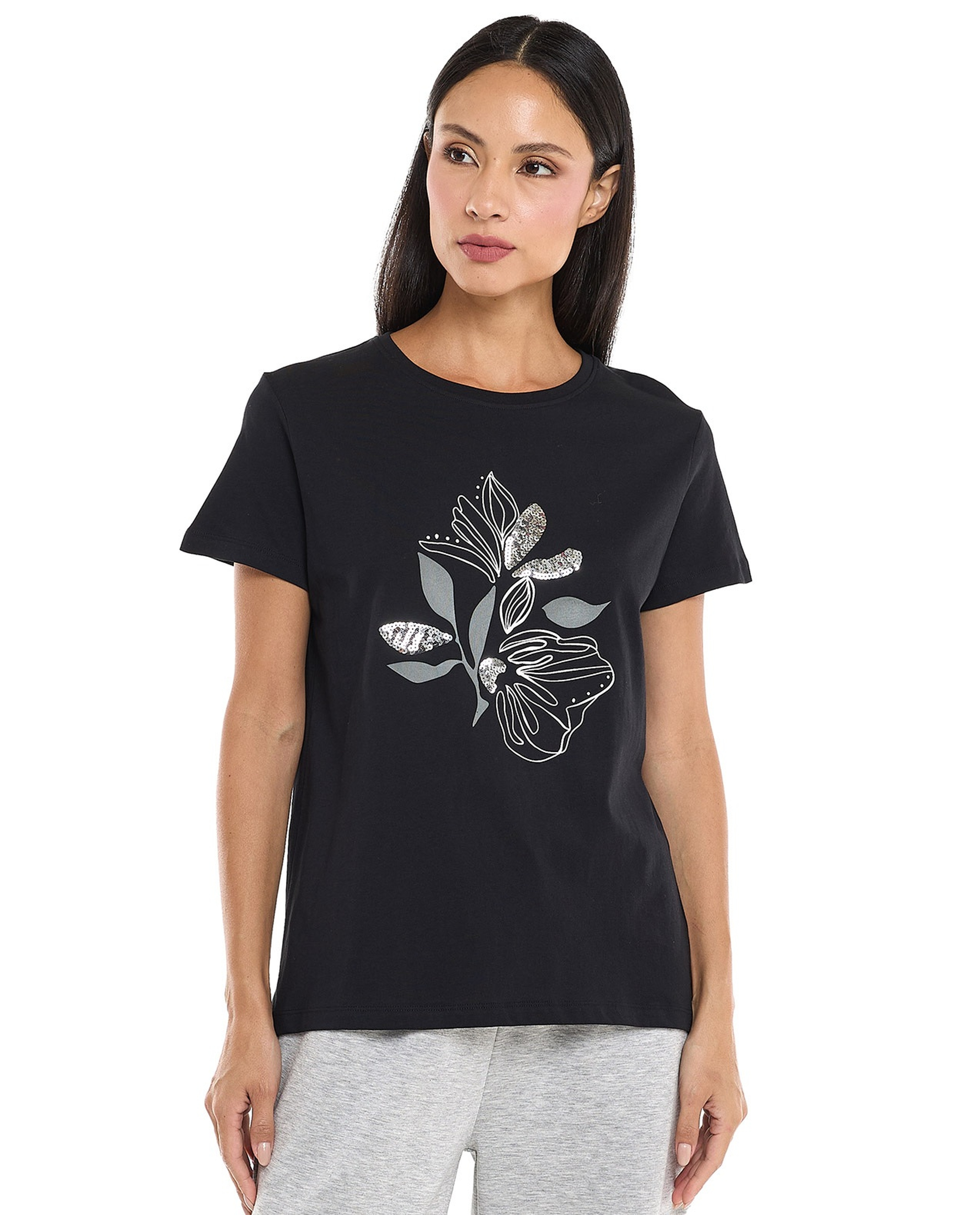 Sequined T-Shirt with Crew Neck and Short Sleeves
