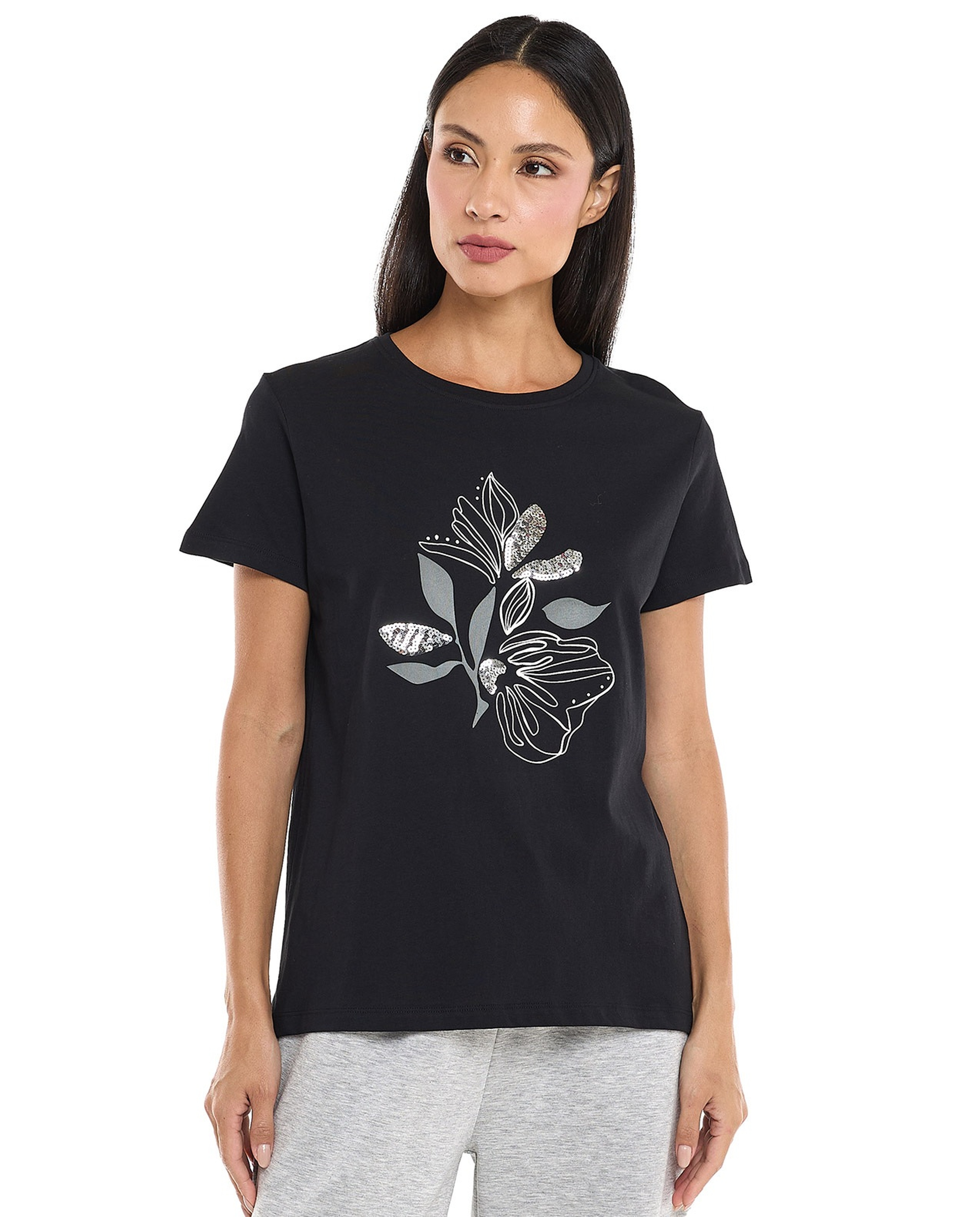 Sequined T-Shirt with Crew Neck and Short Sleeves