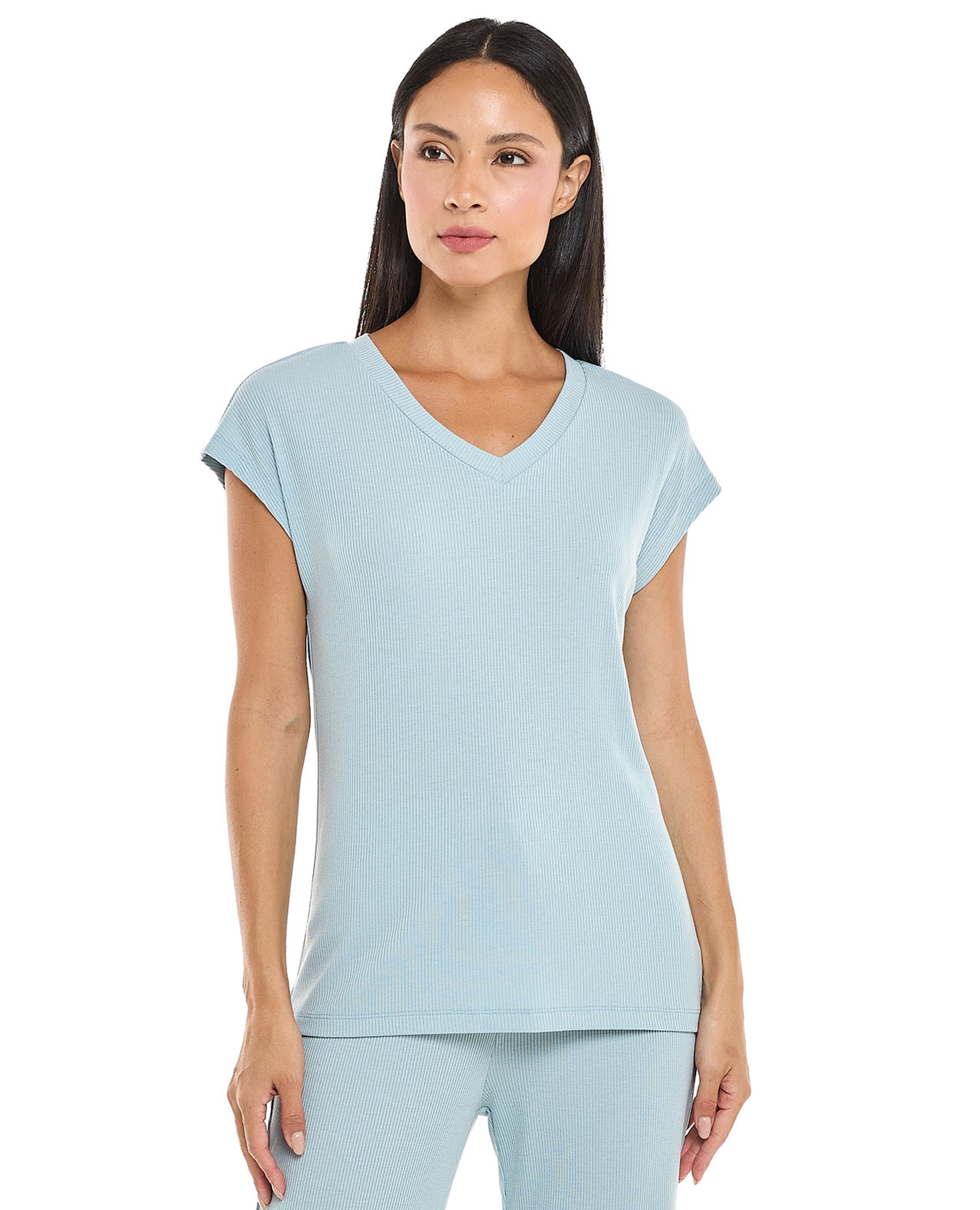 Ribbed Sleep T-Shirt with V-Neck and Short Sleeves