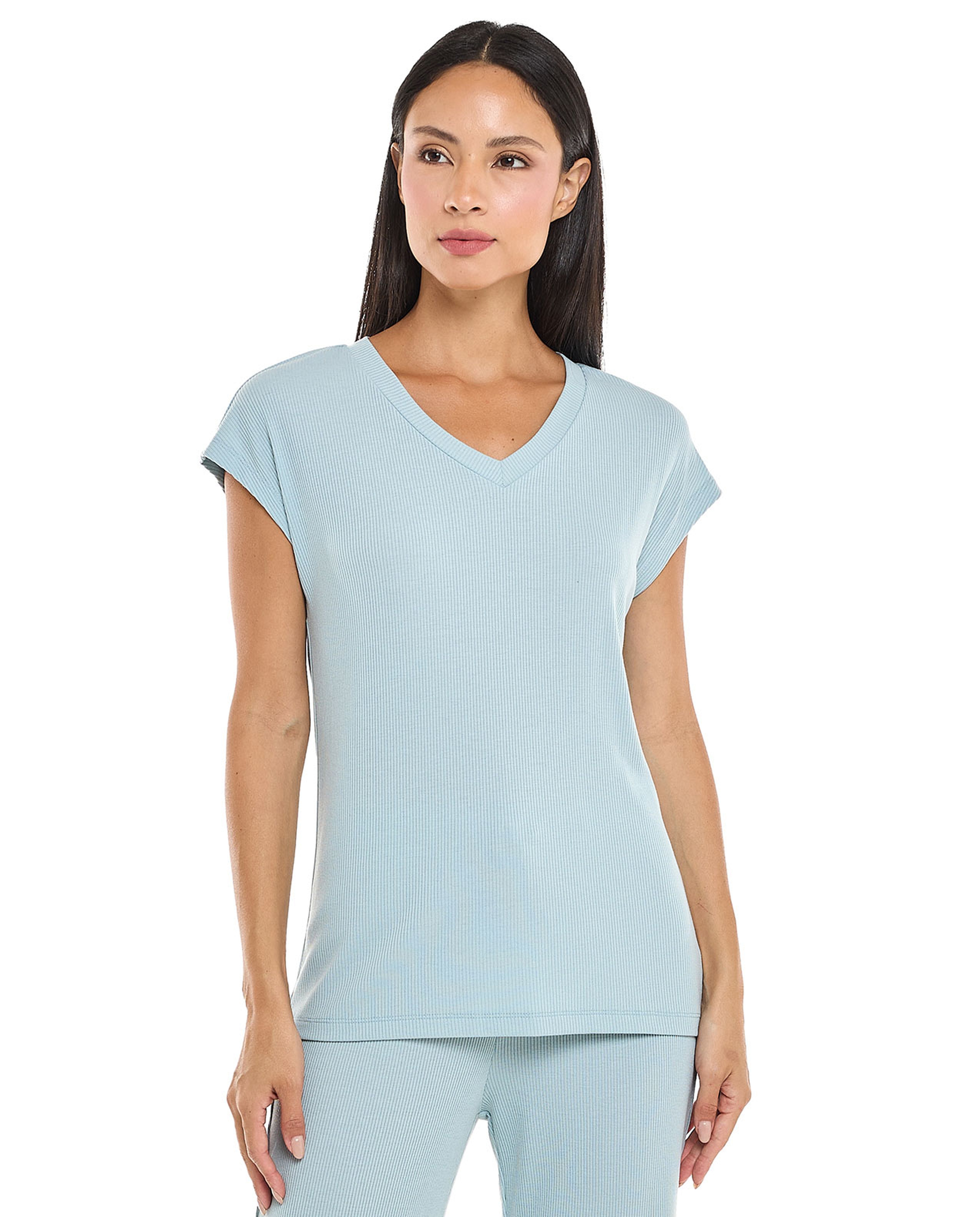 Ribbed Sleep T-Shirt with V-Neck and Short Sleeves