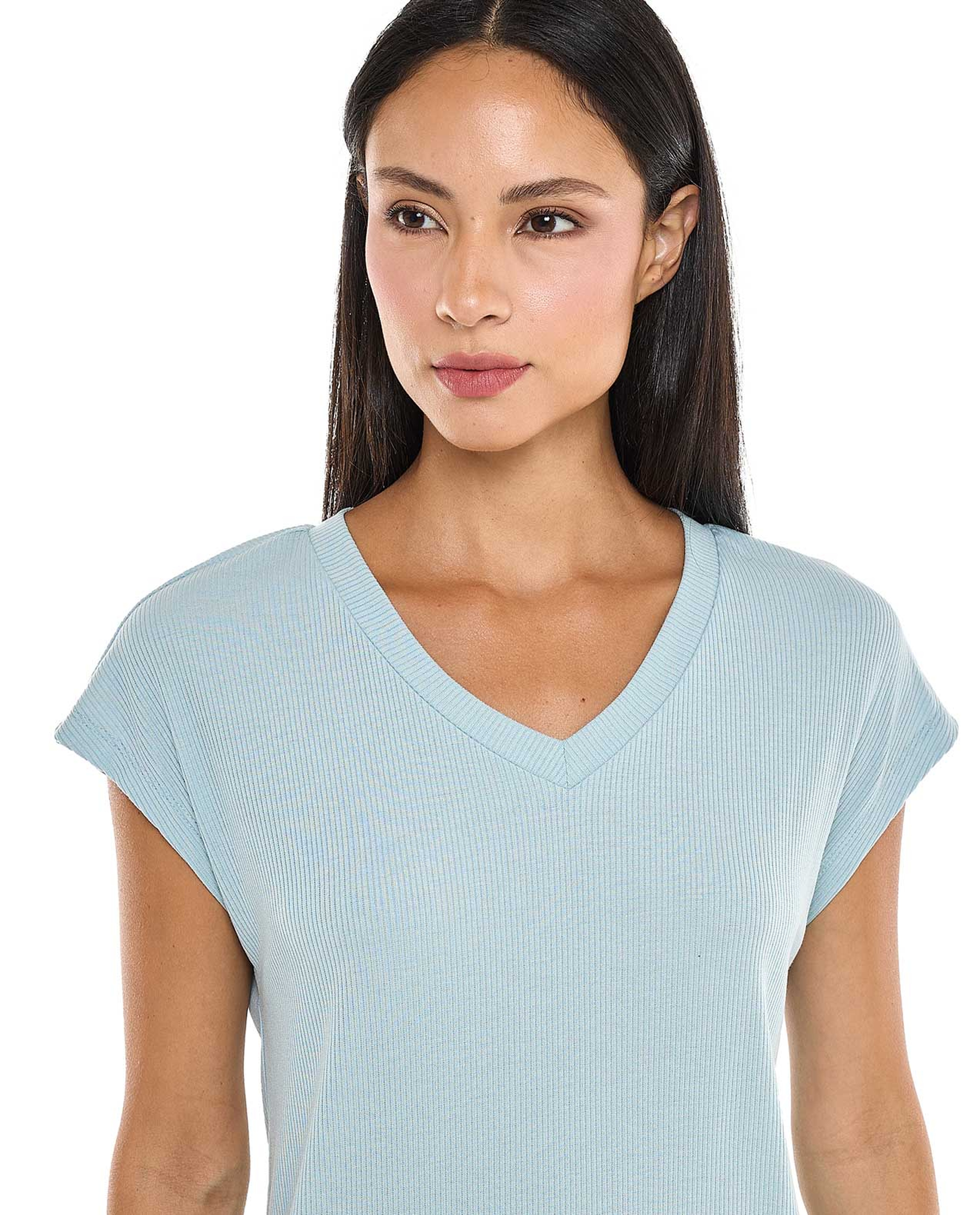 Ribbed Sleep T-Shirt with V-Neck and Short Sleeves