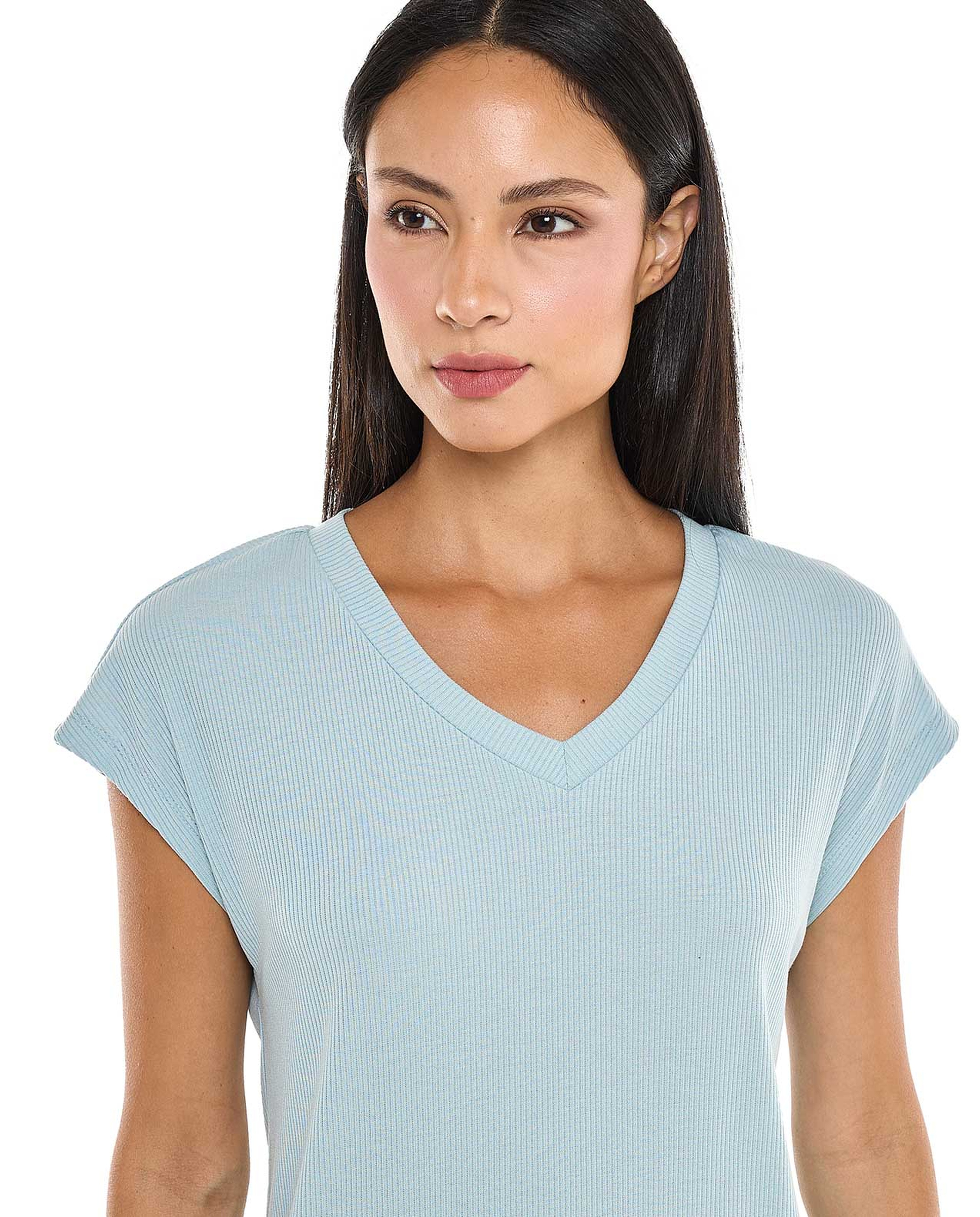 Ribbed Sleep T-Shirt with V-Neck and Short Sleeves