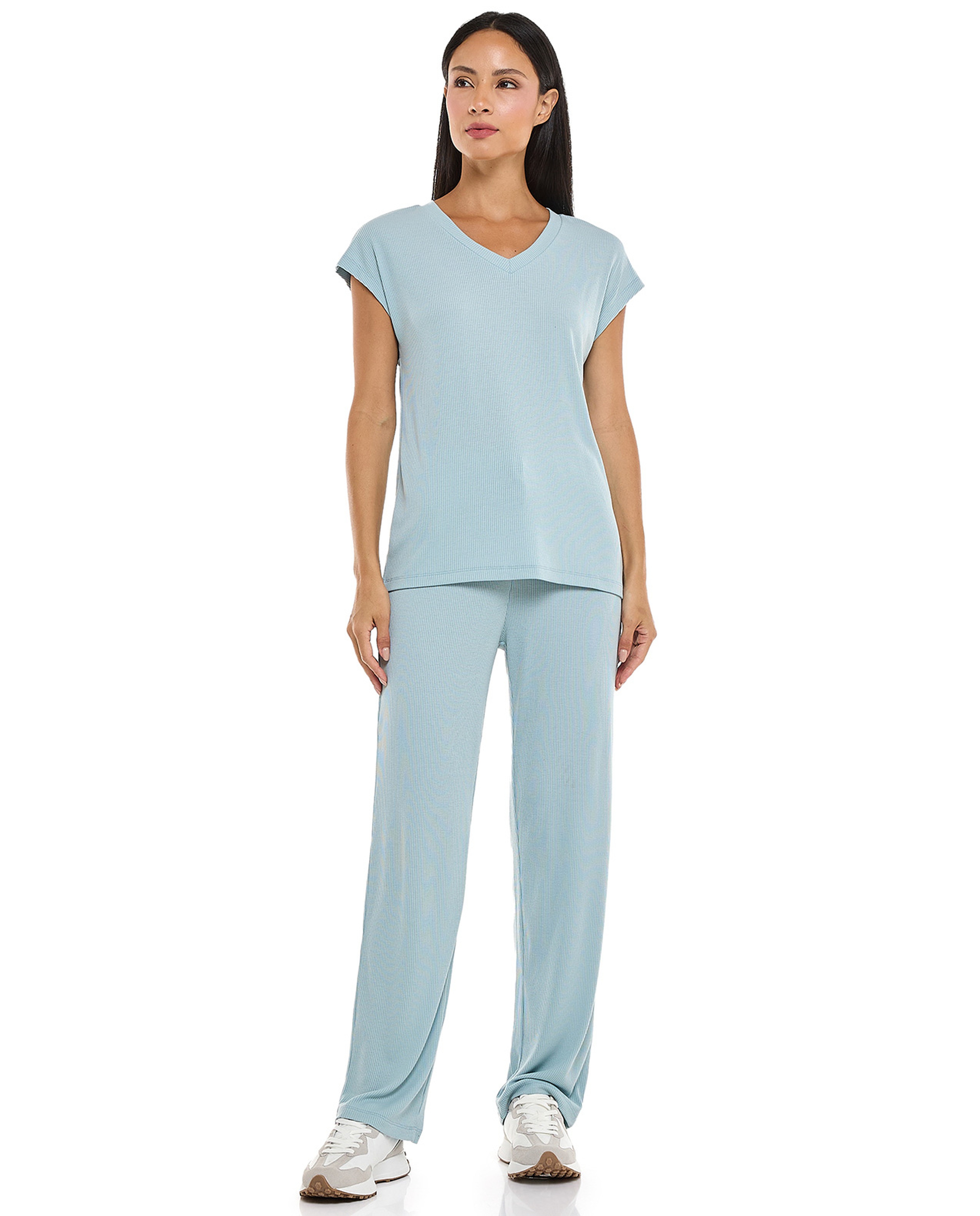 Ribbed Sleep T-Shirt with V-Neck and Short Sleeves