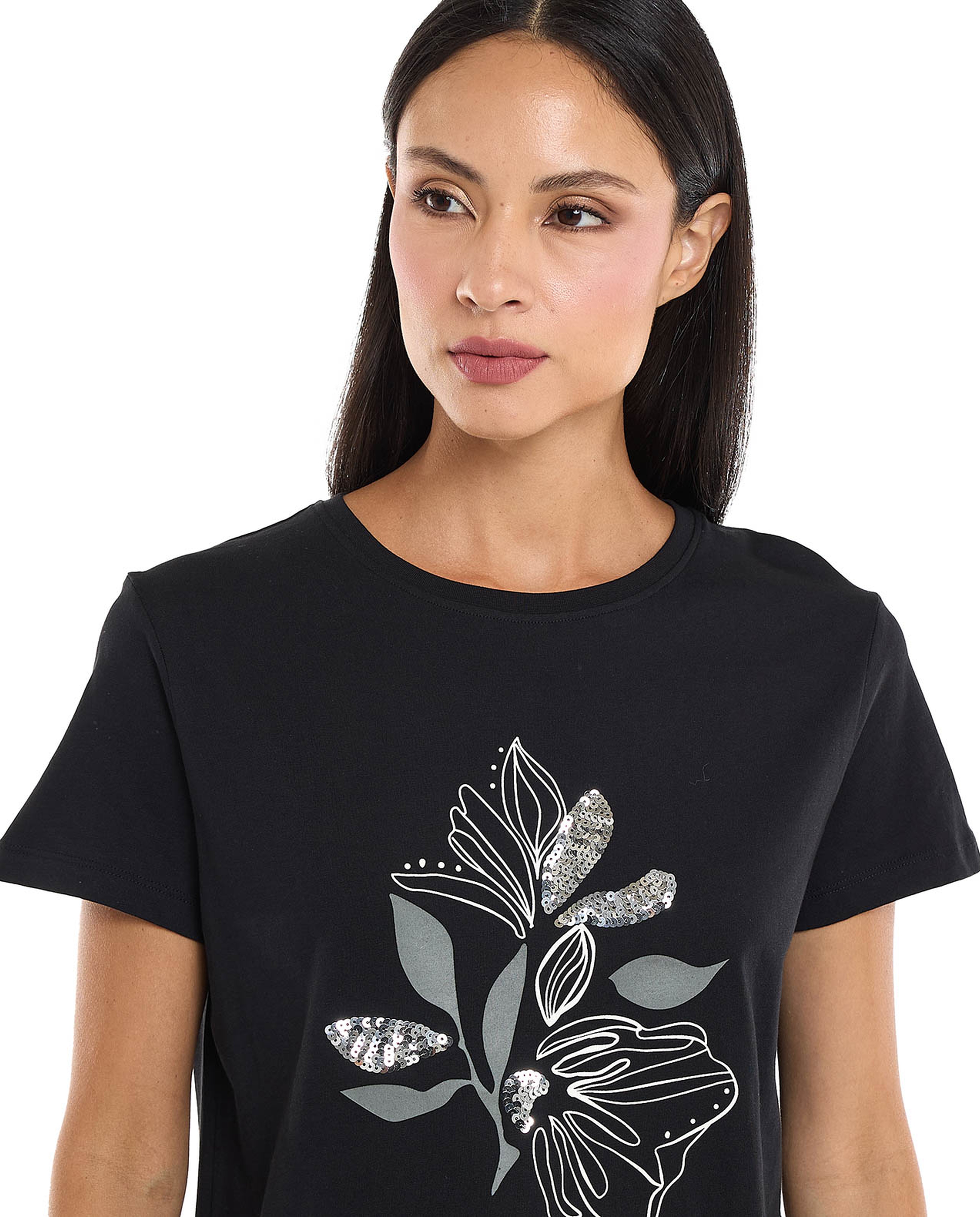 Sequined T-Shirt with Crew Neck and Short Sleeves