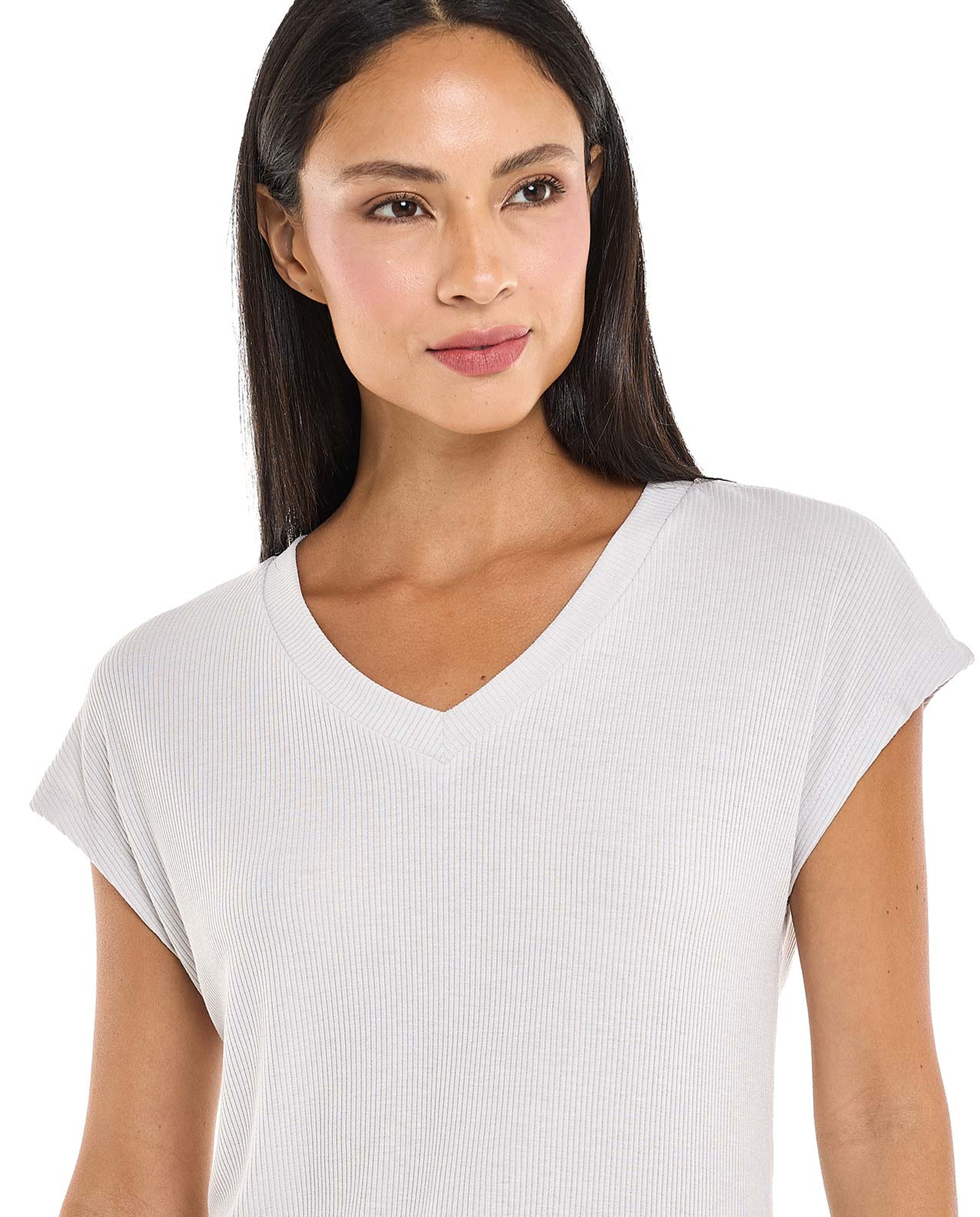 Ribbed Sleep T-Shirt with V-Neck and Short Sleeves