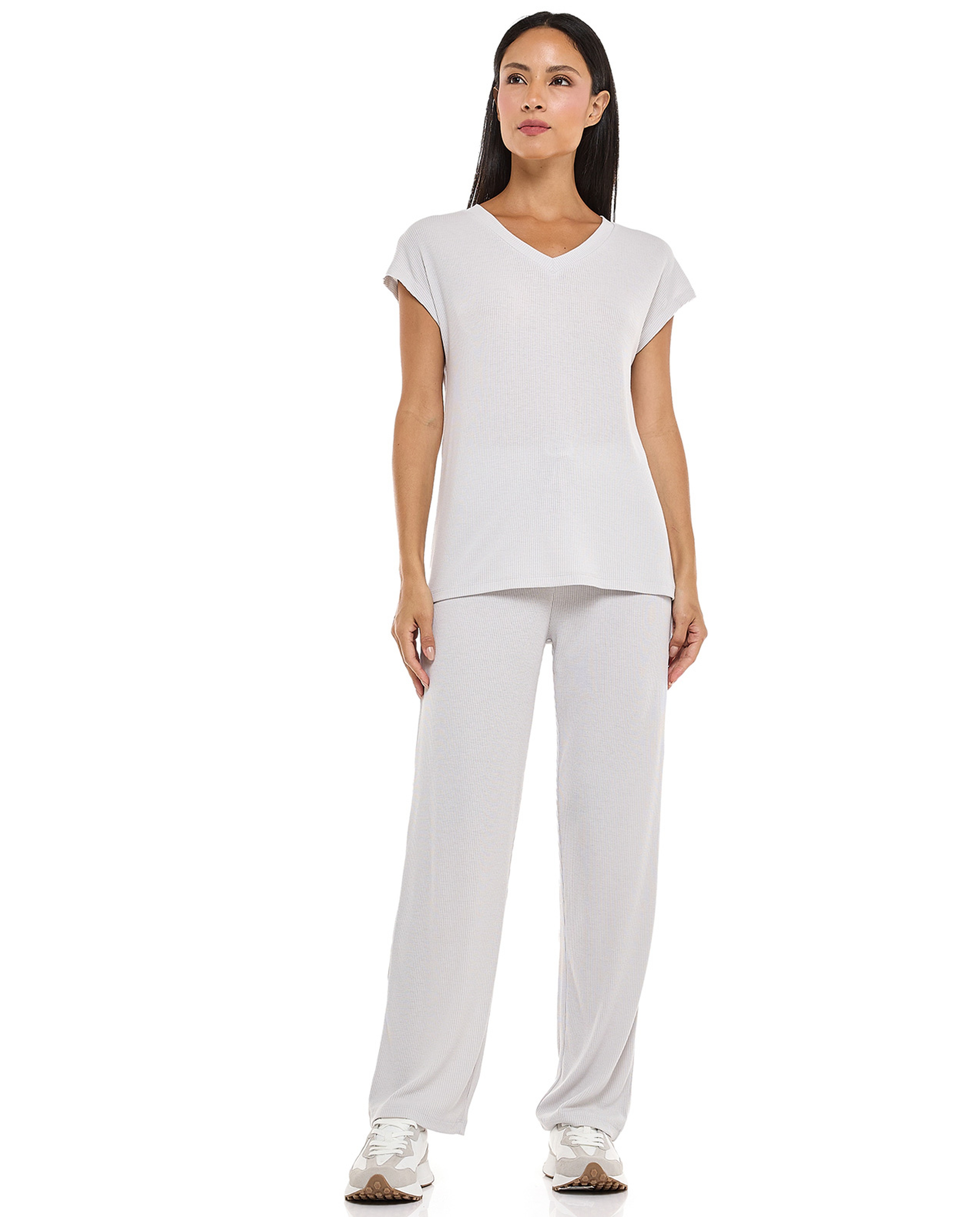 Ribbed Sleep T-Shirt with V-Neck and Short Sleeves