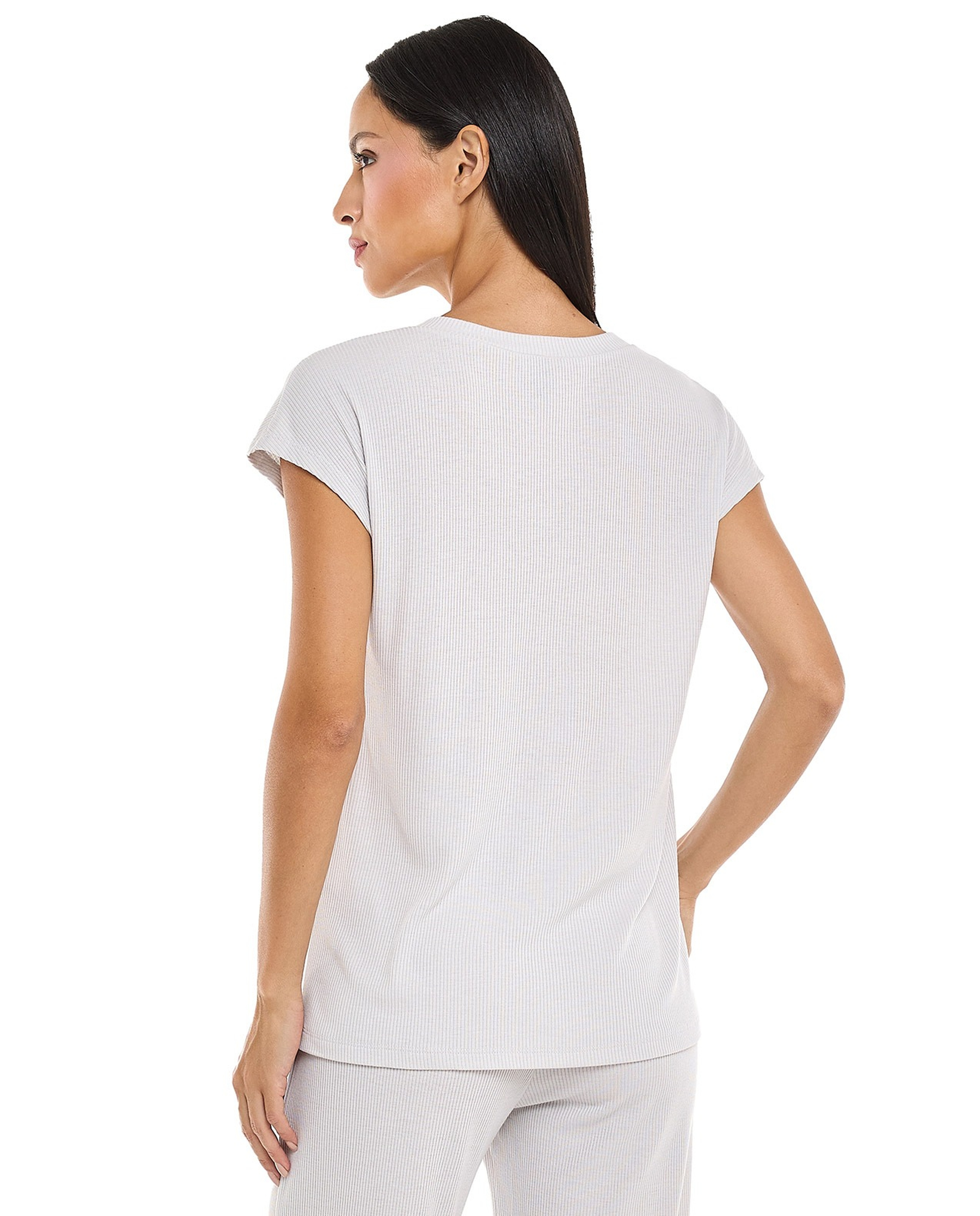 Ribbed Sleep T-Shirt with V-Neck and Short Sleeves