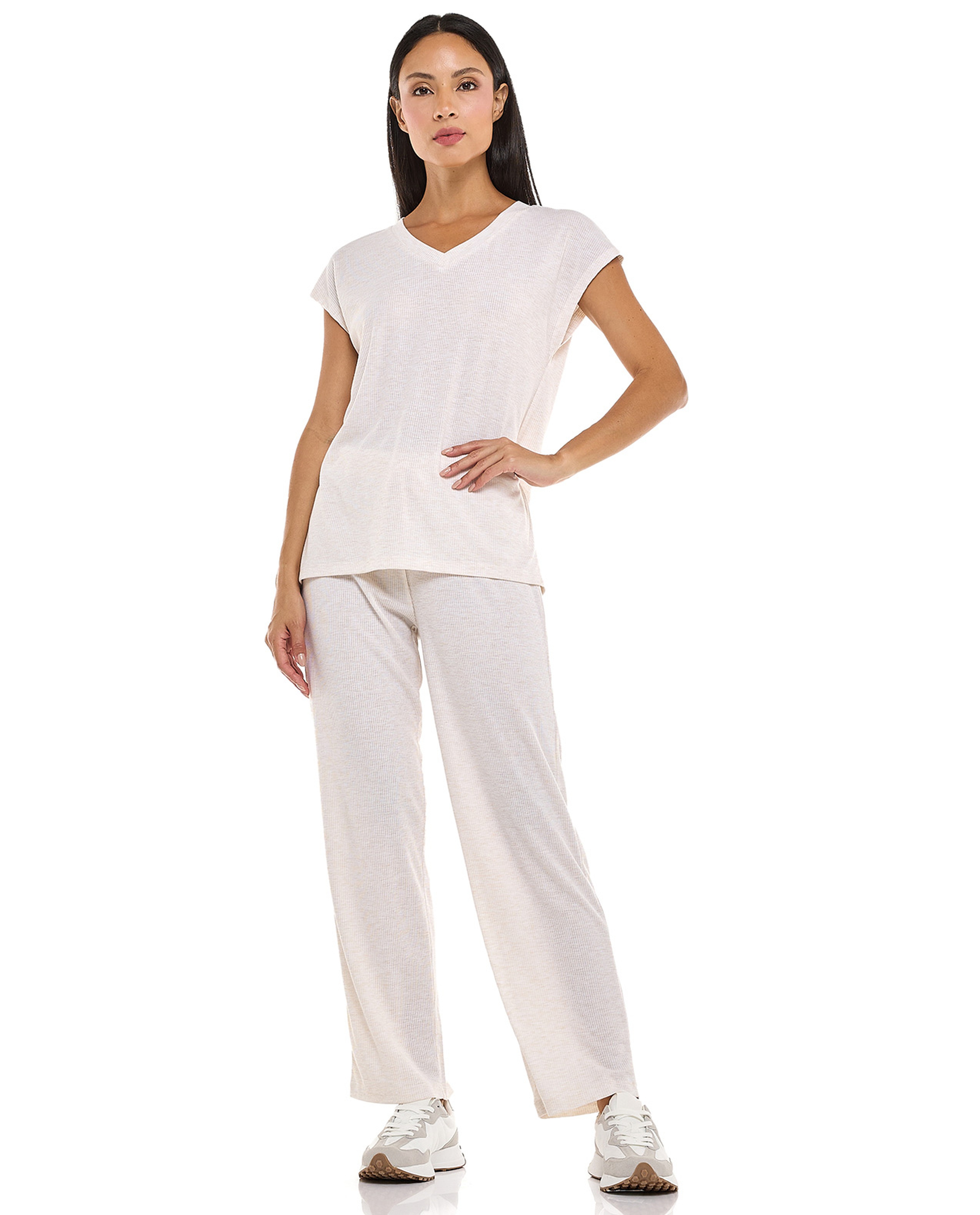 Ribbed Sleep T-Shirt with V-Neck and Short Sleeves