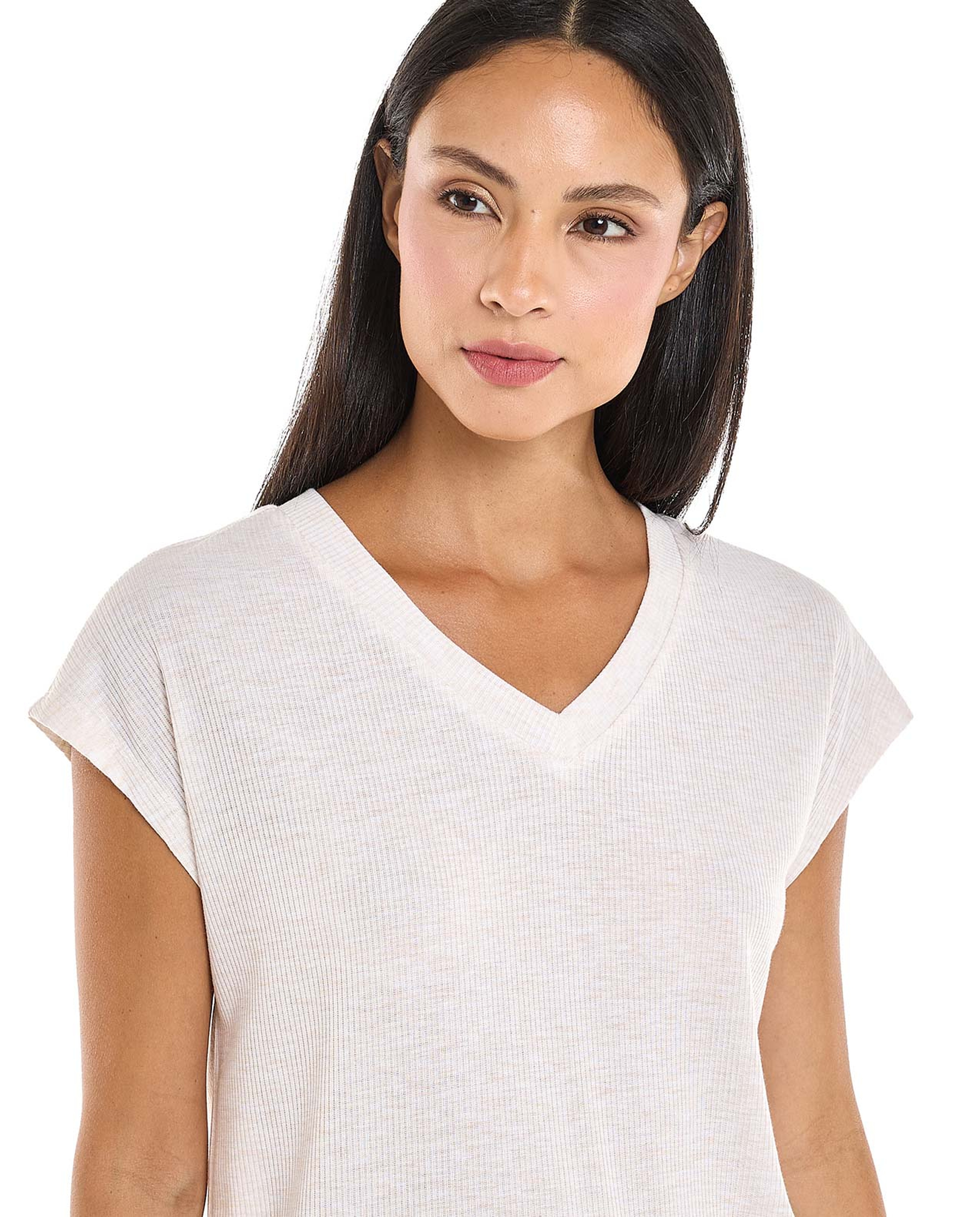 Ribbed Sleep T-Shirt with V-Neck and Short Sleeves