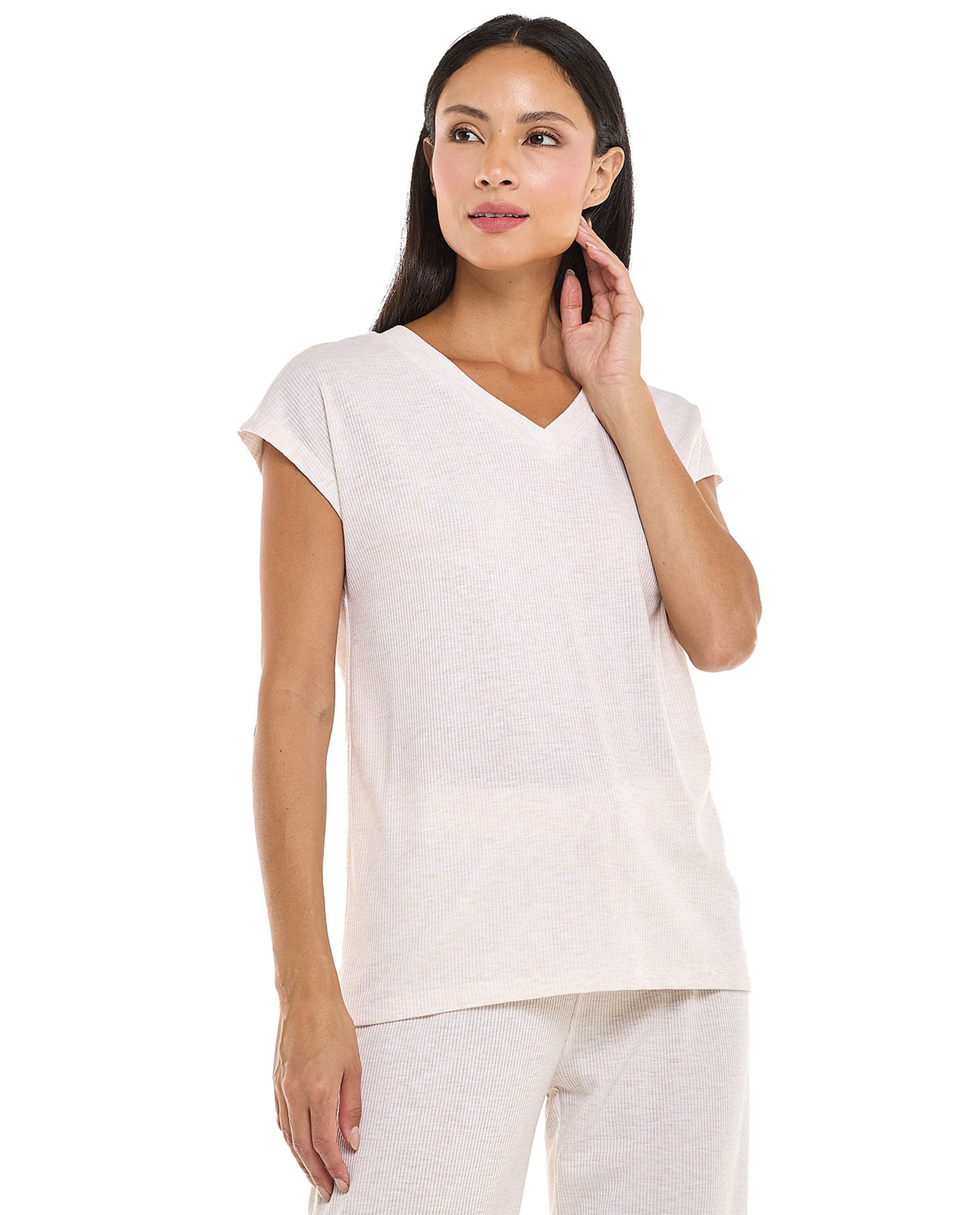Ribbed Sleep T-Shirt with V-Neck and Short Sleeves