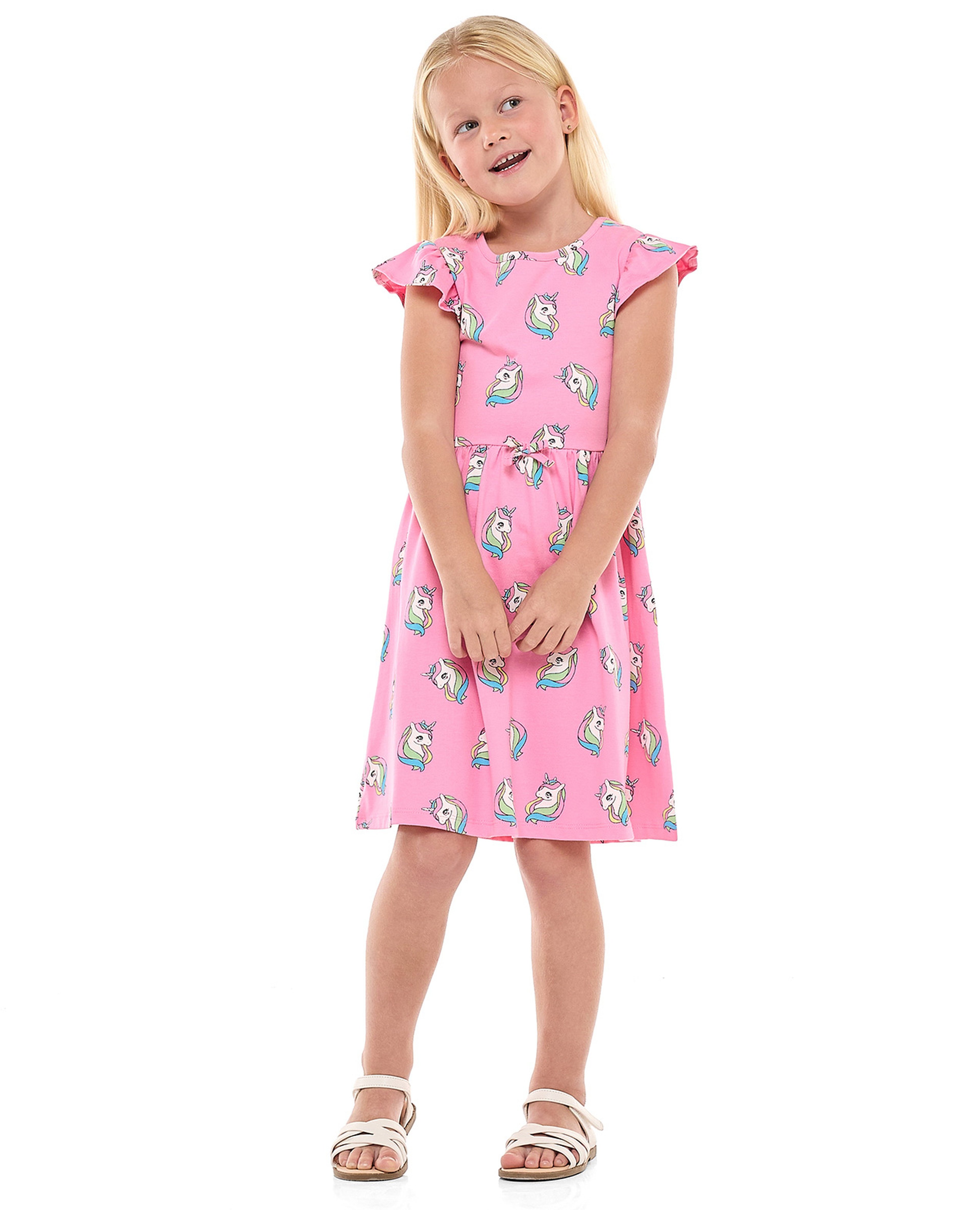 Unicorn Printed Dress with Crew Neck and Flutter Sleeves