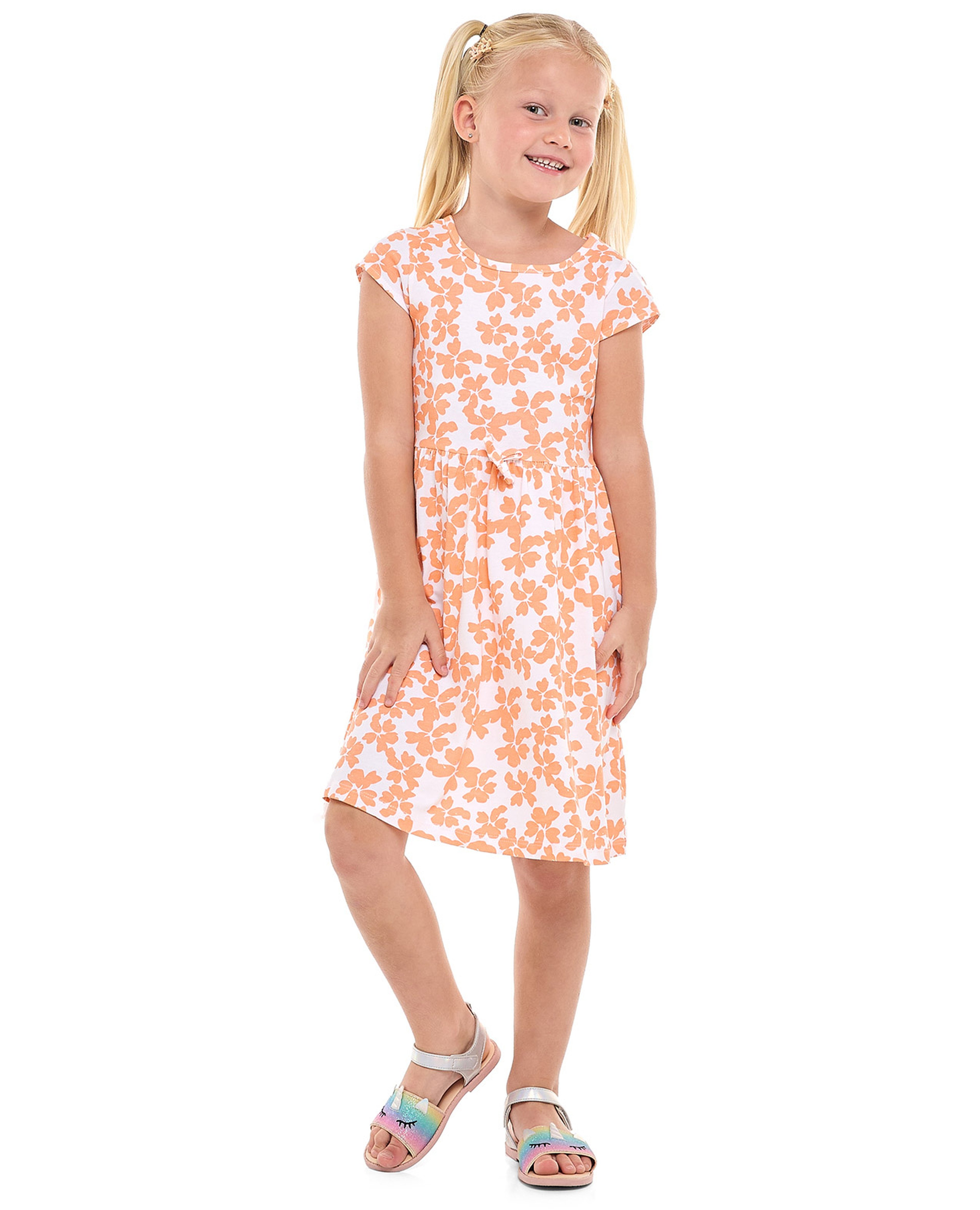 Floral Printed Dress with Crew Neck and Cap Sleeves