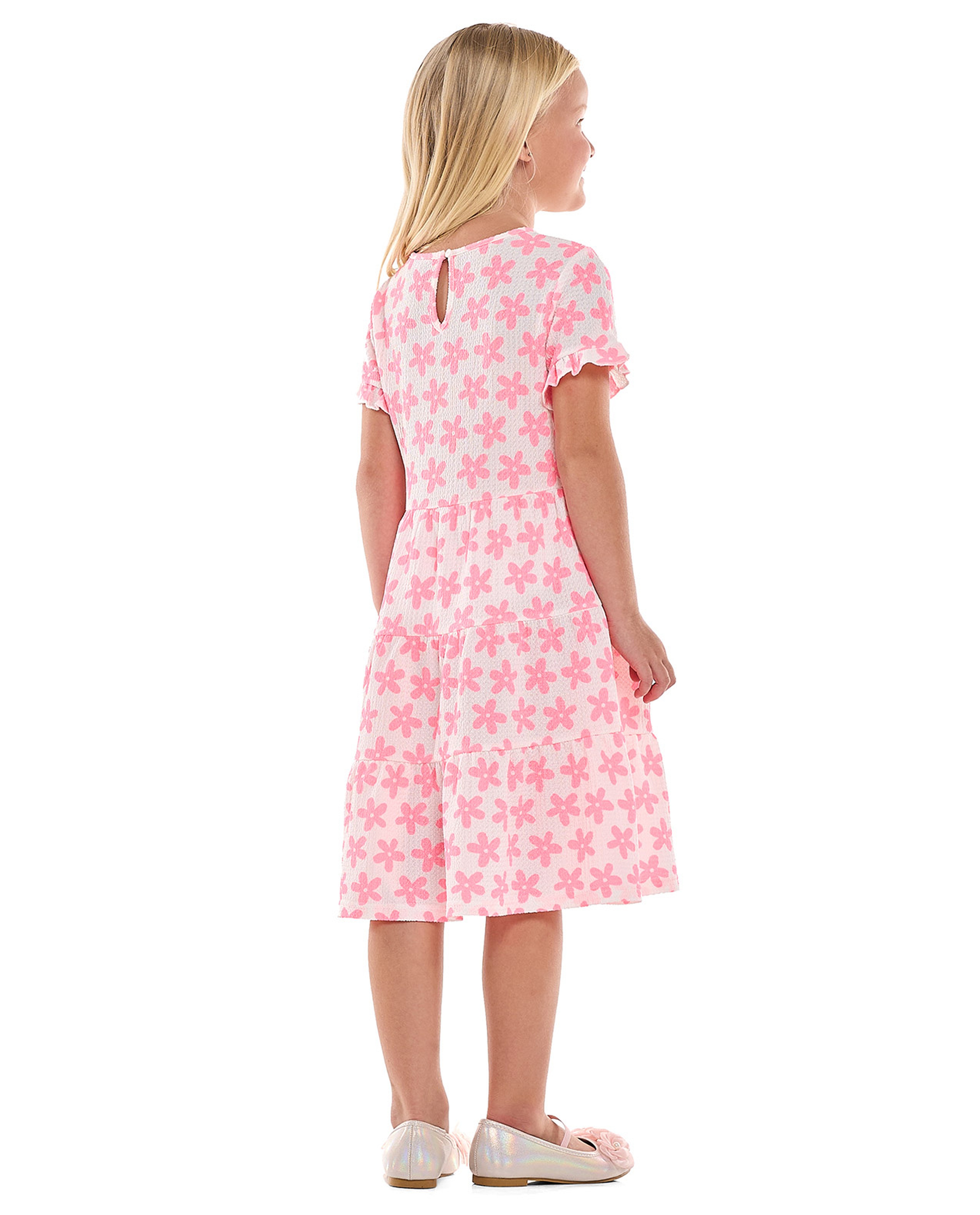 Floral Printed Tiered Dress with Crew Neck and Short Sleeves