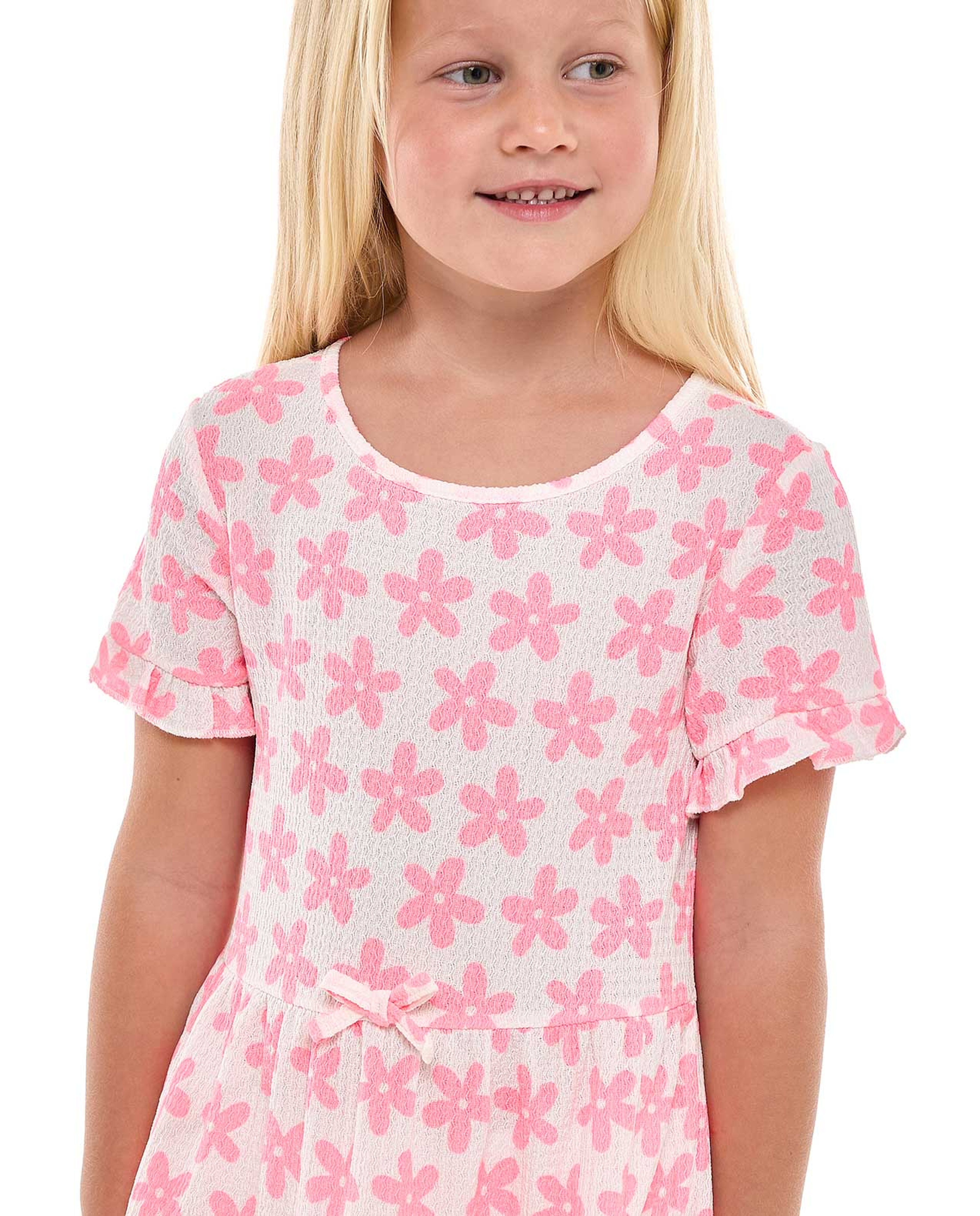 Floral Printed Tiered Dress with Crew Neck and Short Sleeves