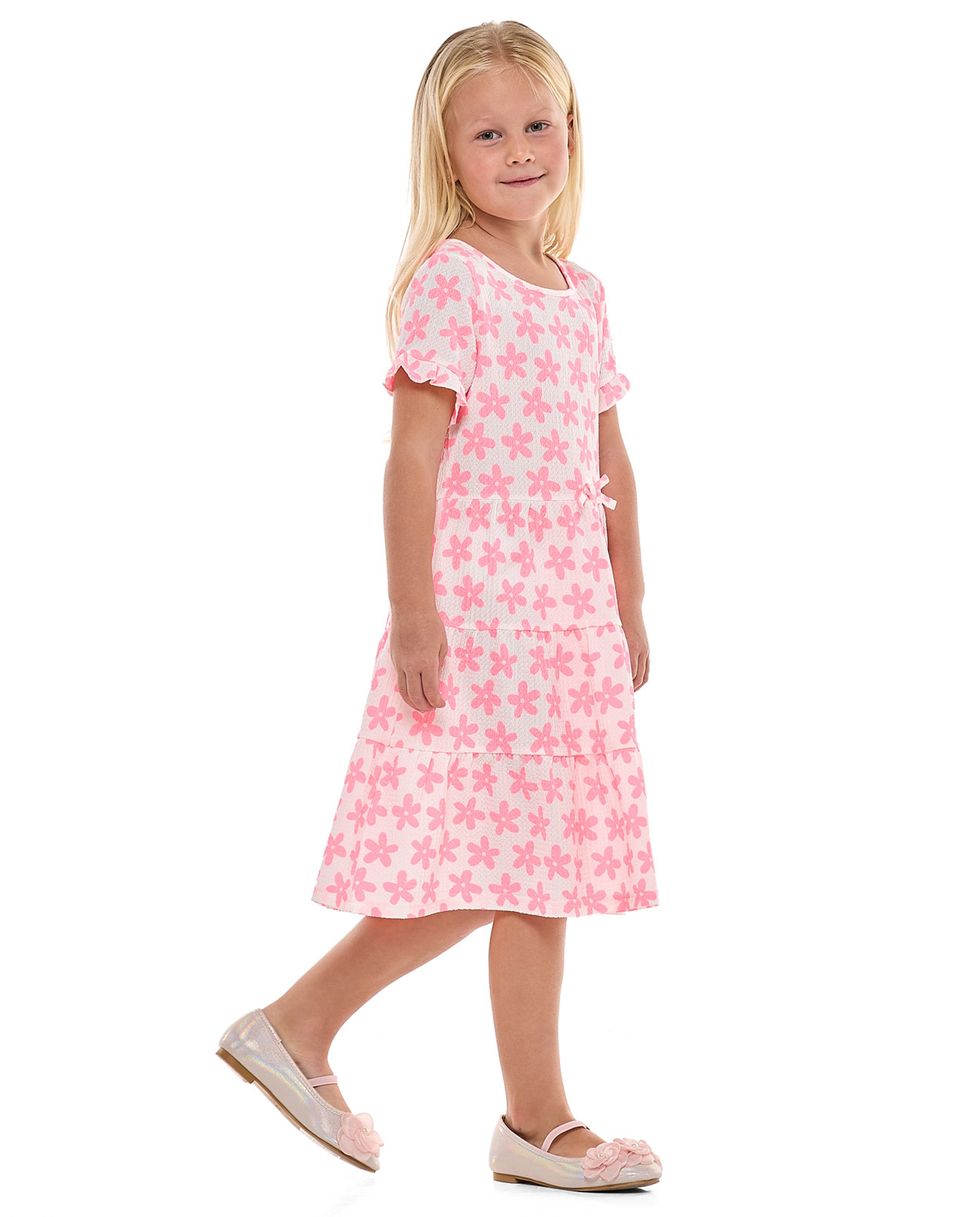 Floral Printed Tiered Dress with Crew Neck and Short Sleeves