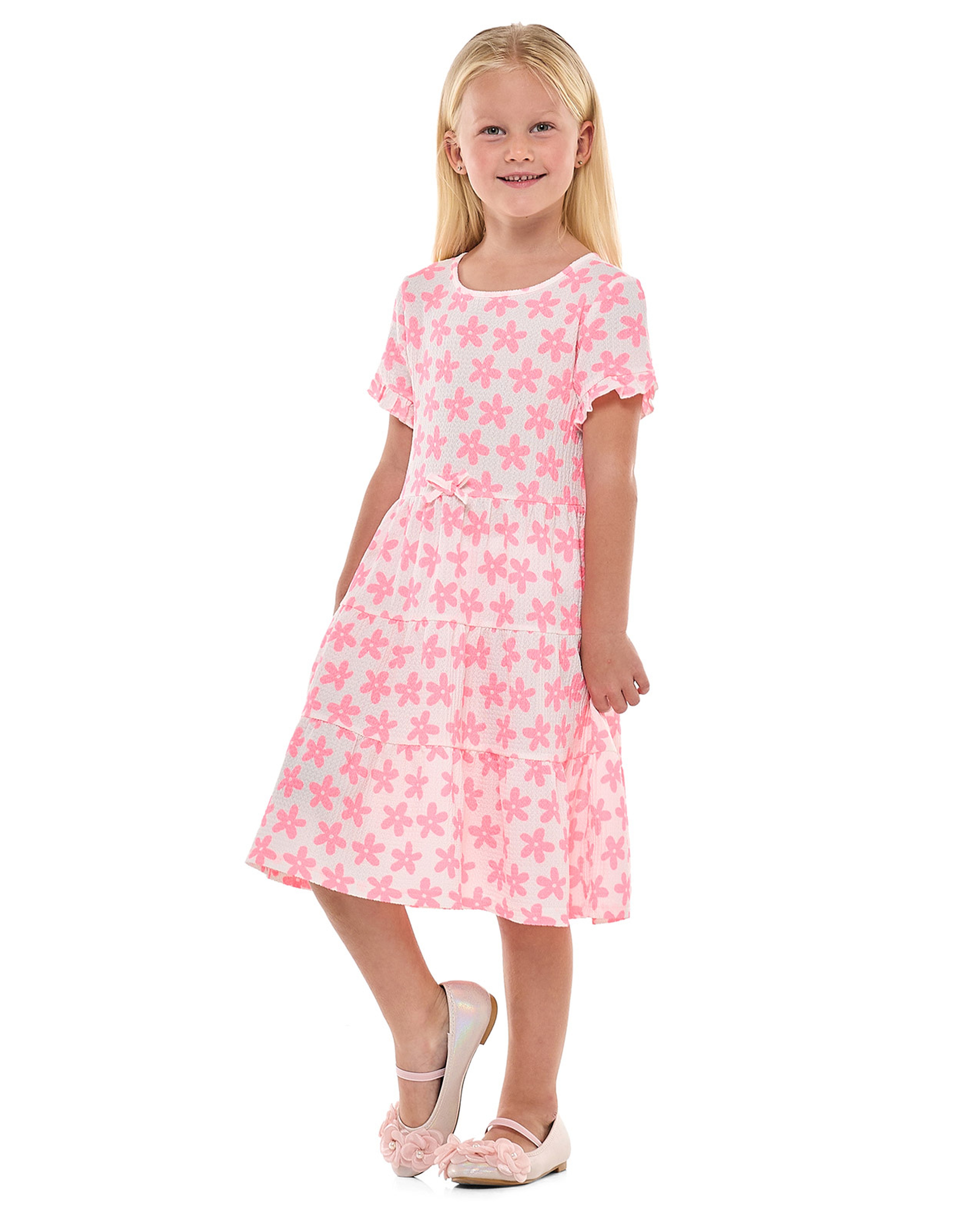 Floral Printed Tiered Dress with Crew Neck and Short Sleeves