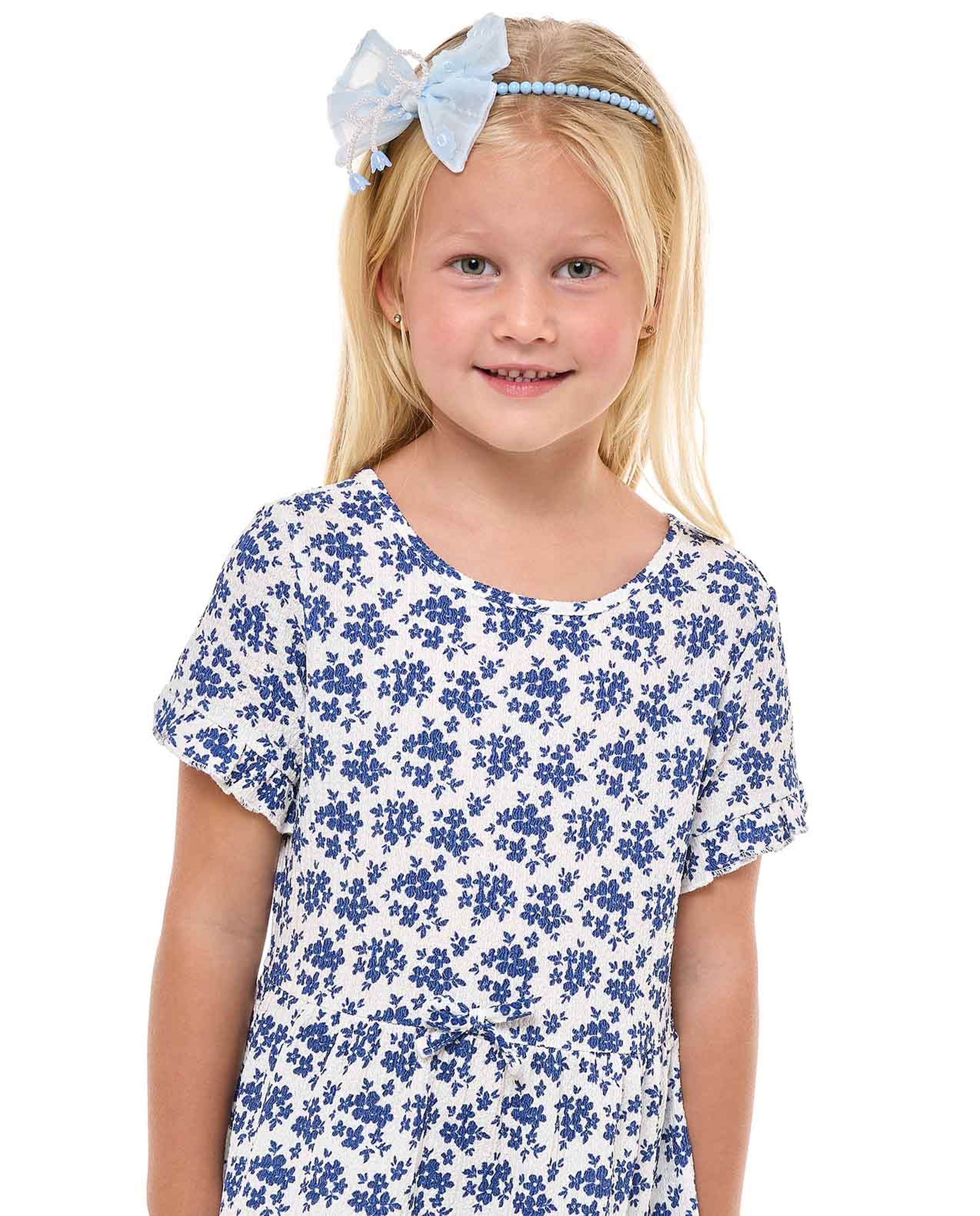 Floral Printed Tiered Dress with Crew Neck and Short Sleeves