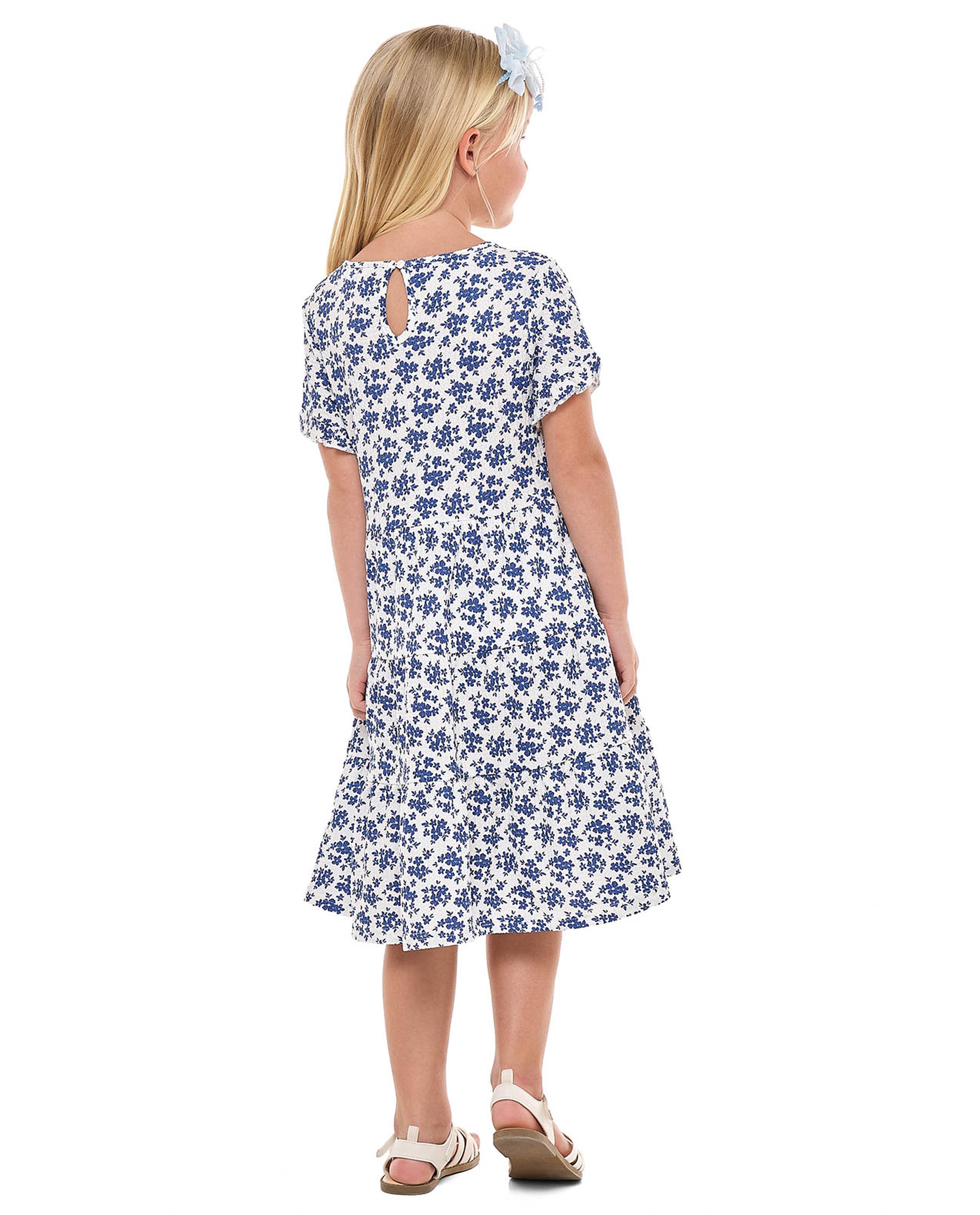 Floral Printed Tiered Dress with Crew Neck and Short Sleeves