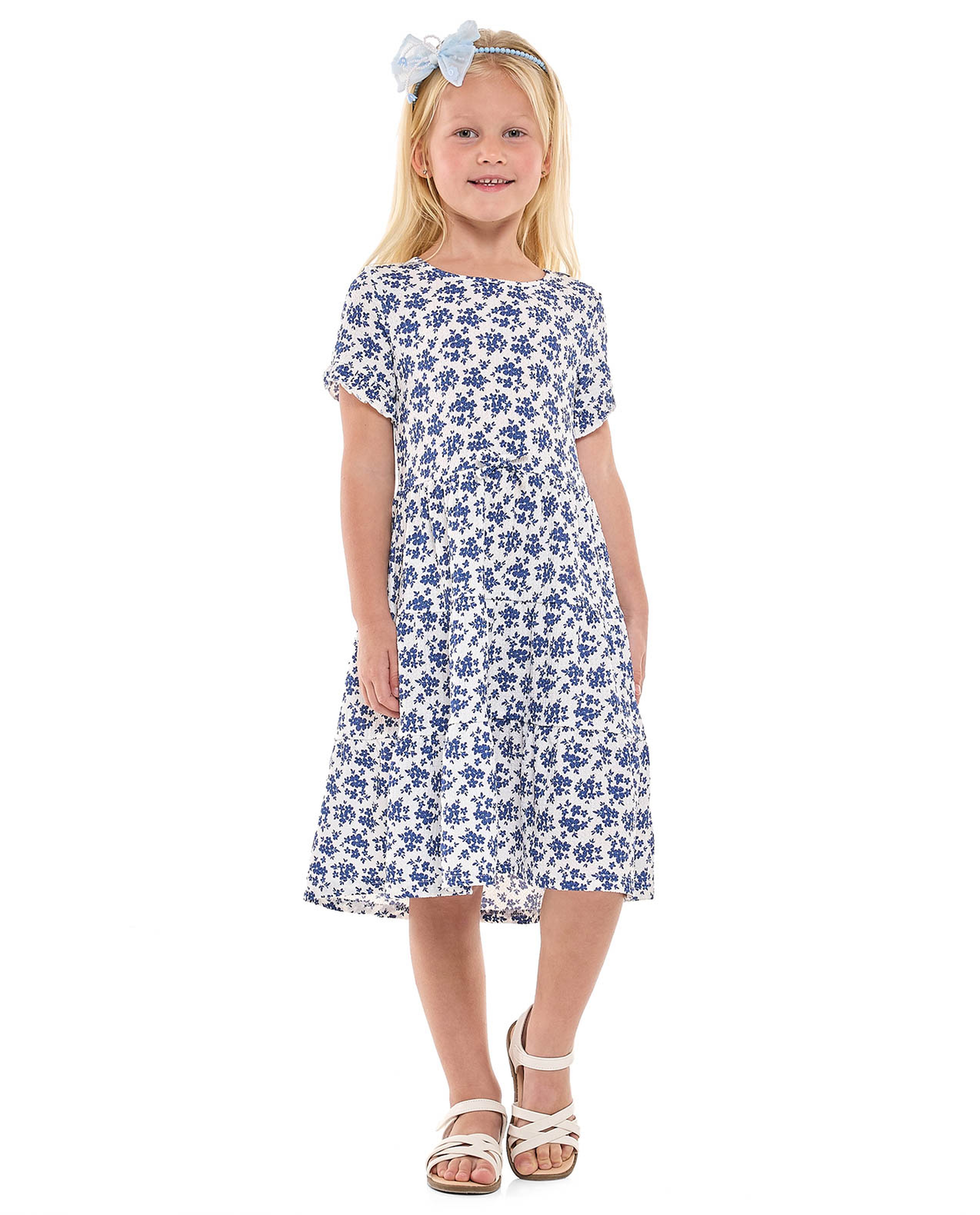 Floral Printed Tiered Dress with Crew Neck and Short Sleeves