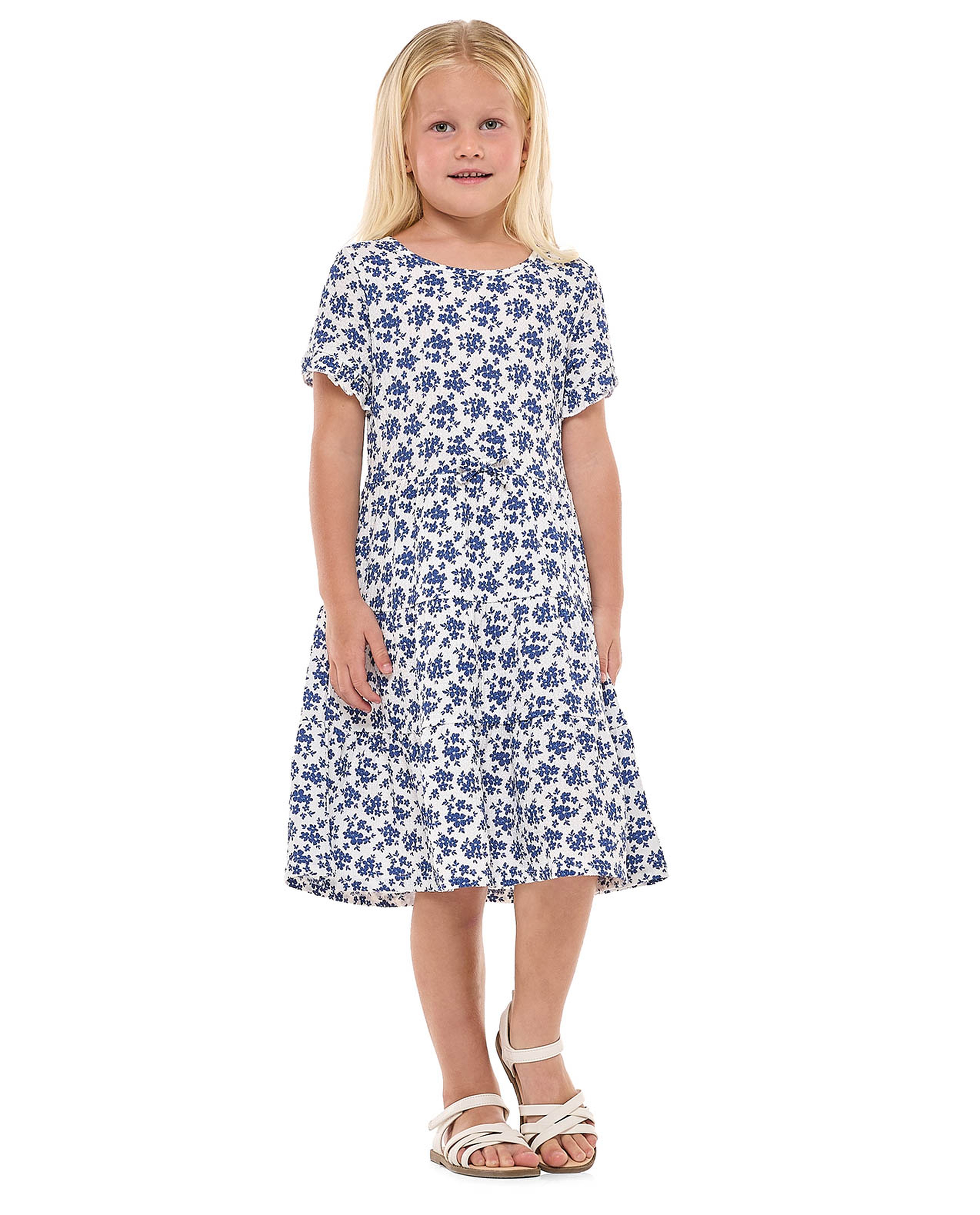 Floral Printed Tiered Dress with Crew Neck and Short Sleeves
