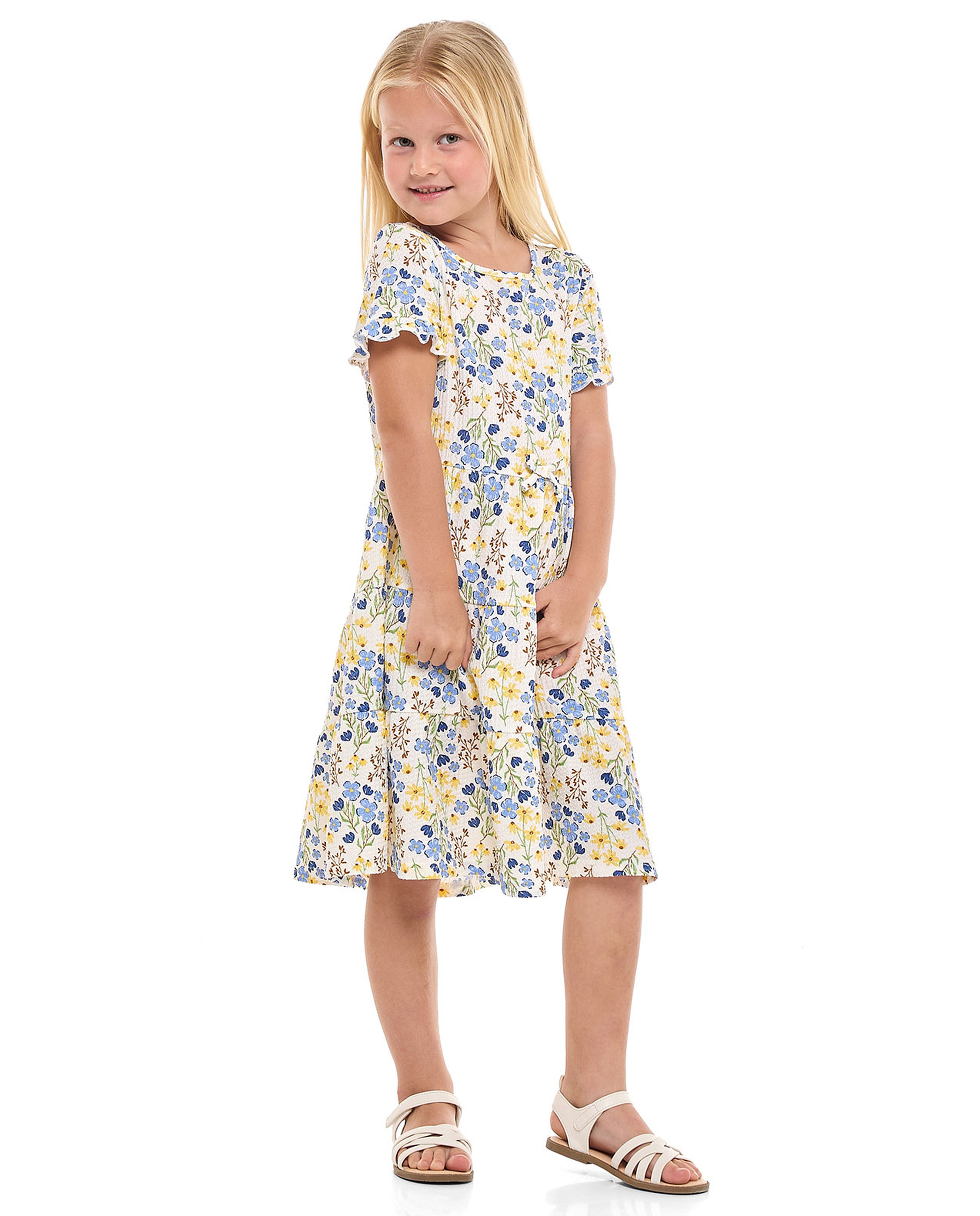 Floral Printed Tiered Dress with Crew Neck and Short Sleeves