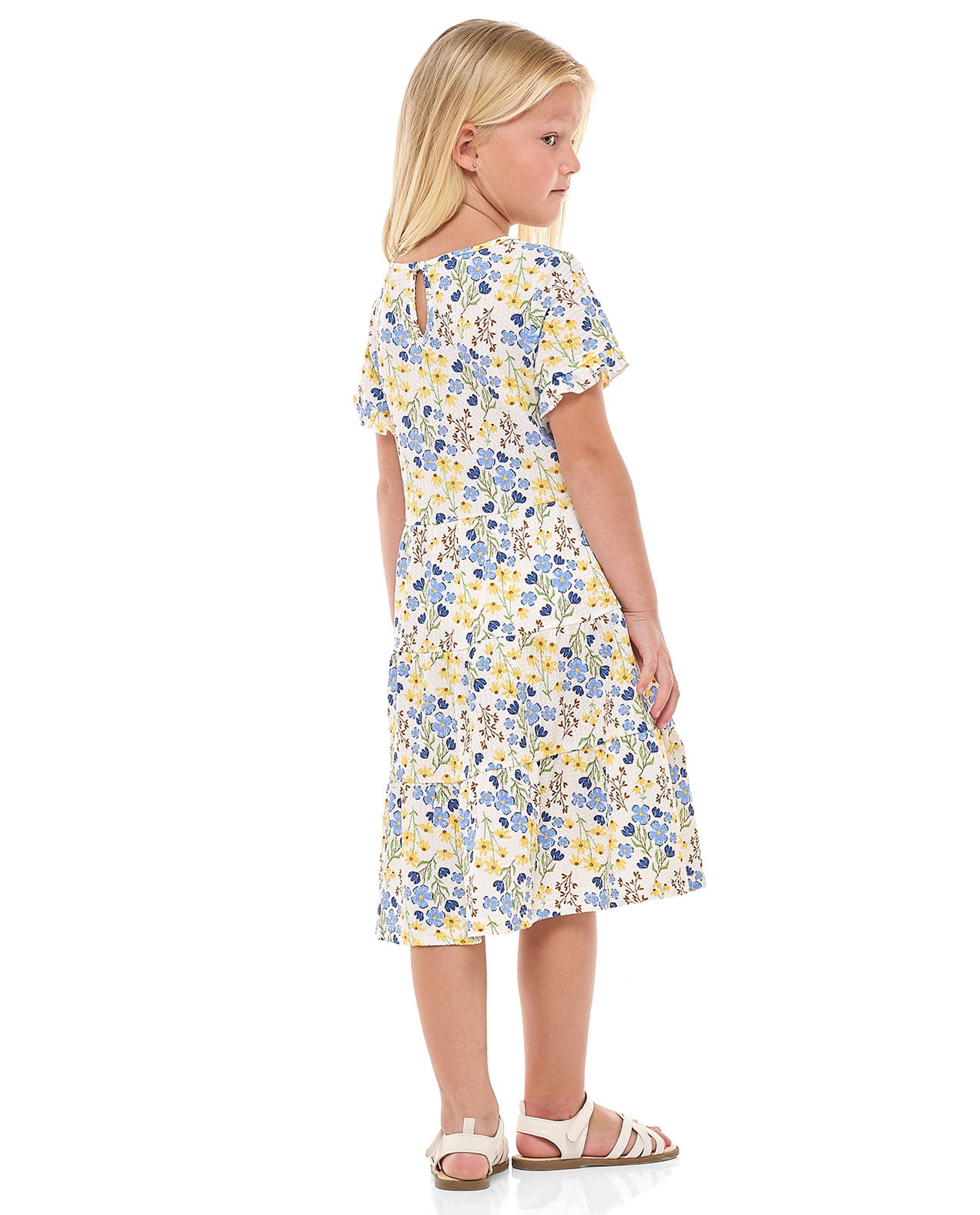 Floral Printed Tiered Dress with Crew Neck and Short Sleeves