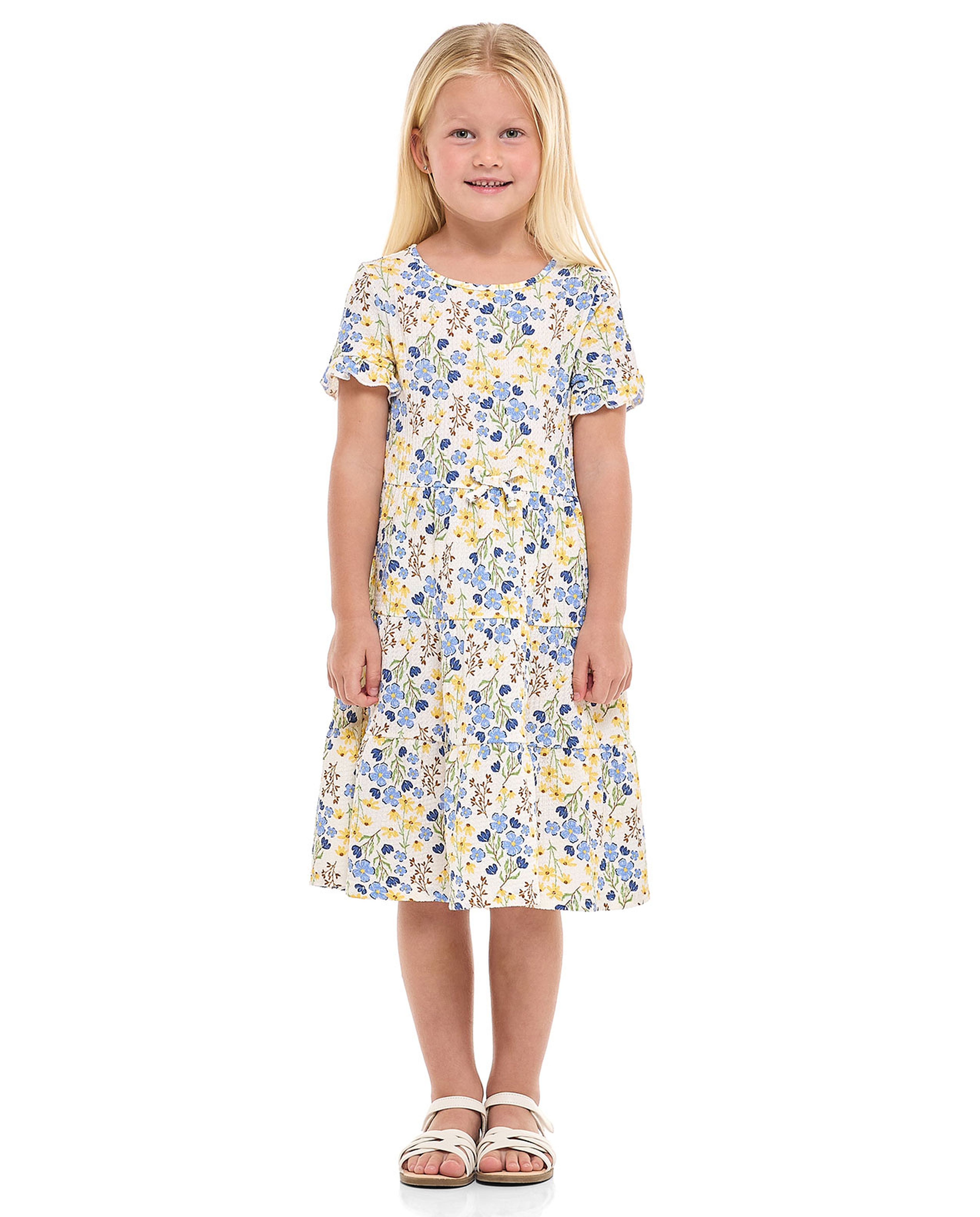 Floral Printed Tiered Dress with Crew Neck and Short Sleeves