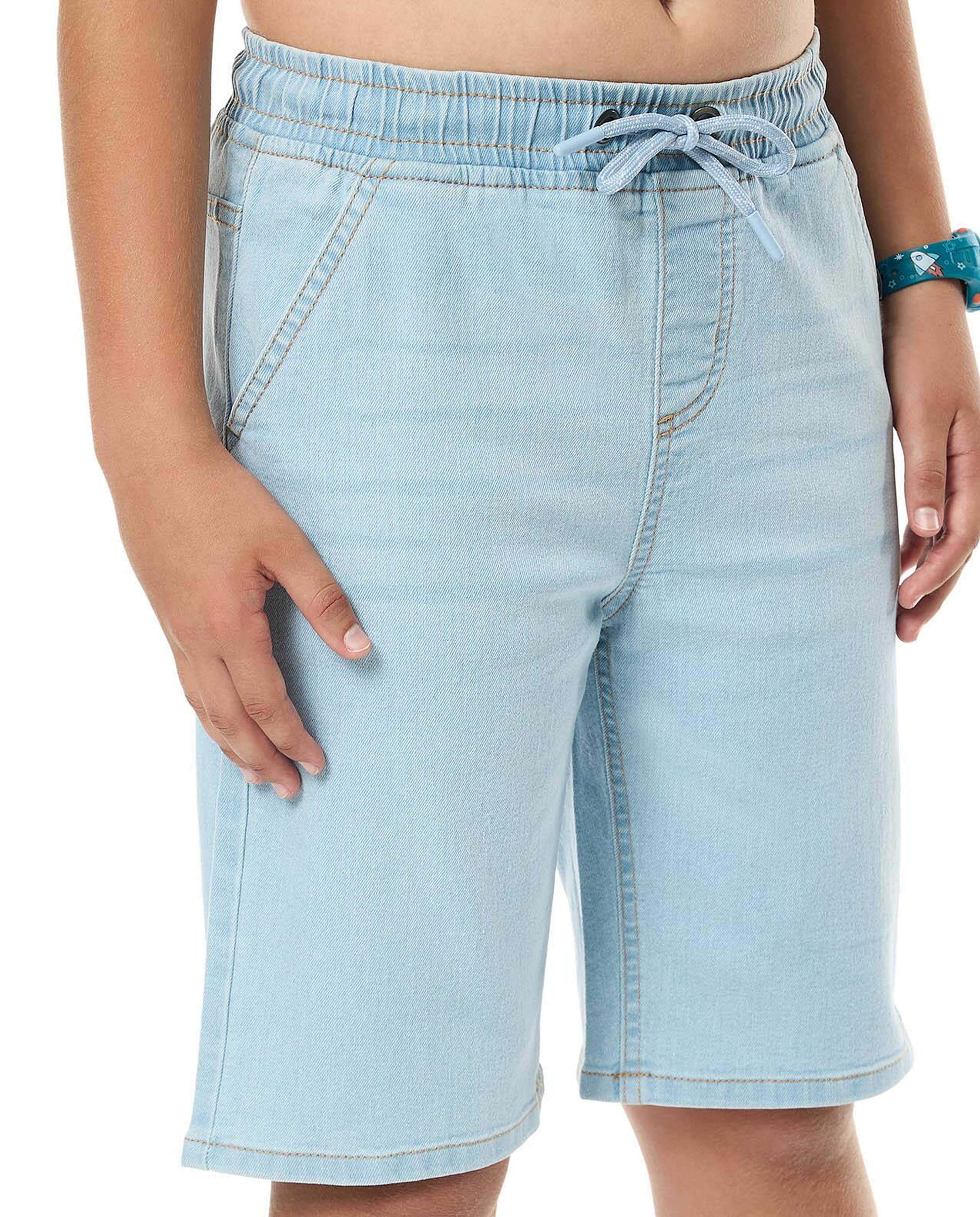 Washed Denim Shorts with Drawstring Waist