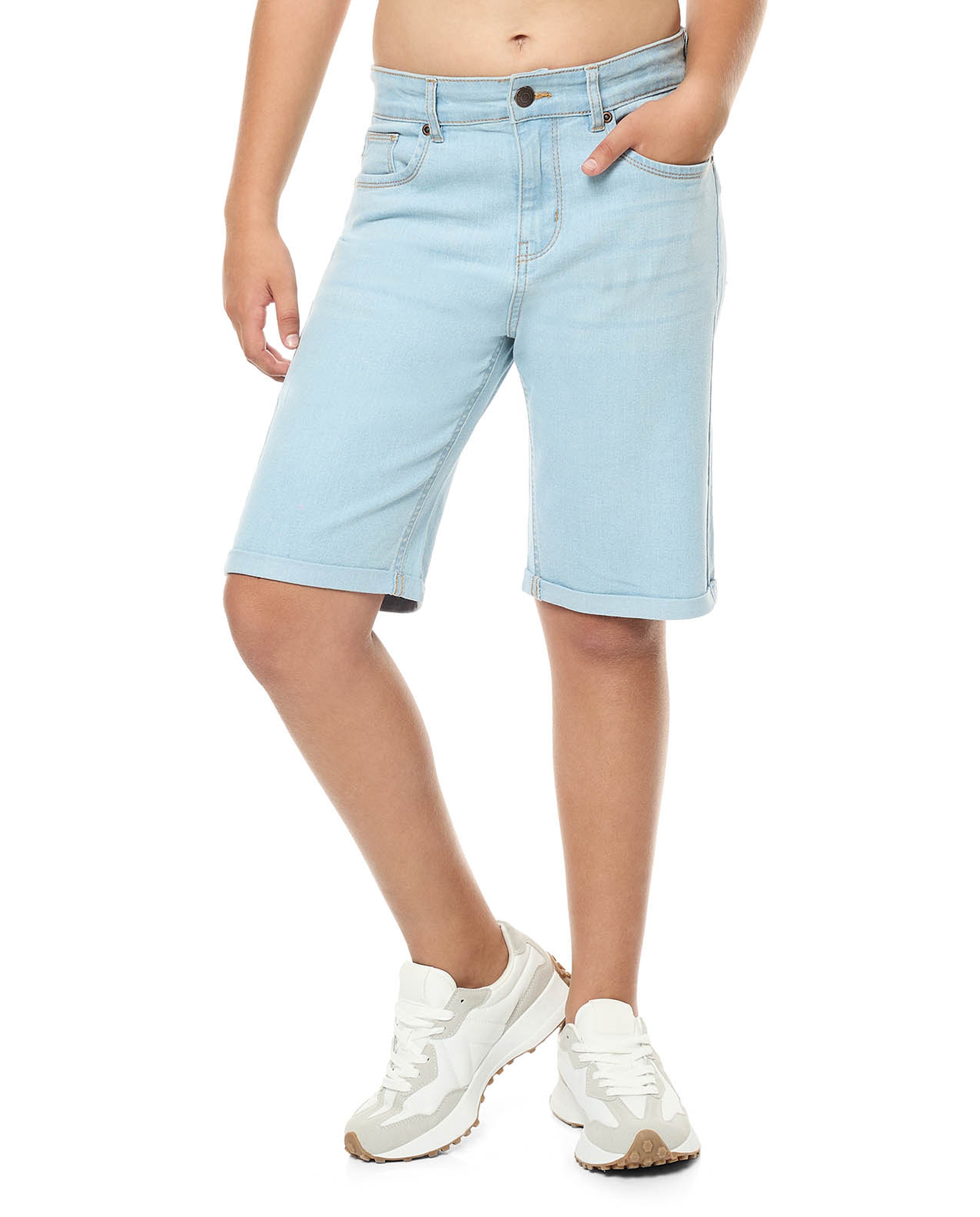 Washed Denim Shorts with Button Closure