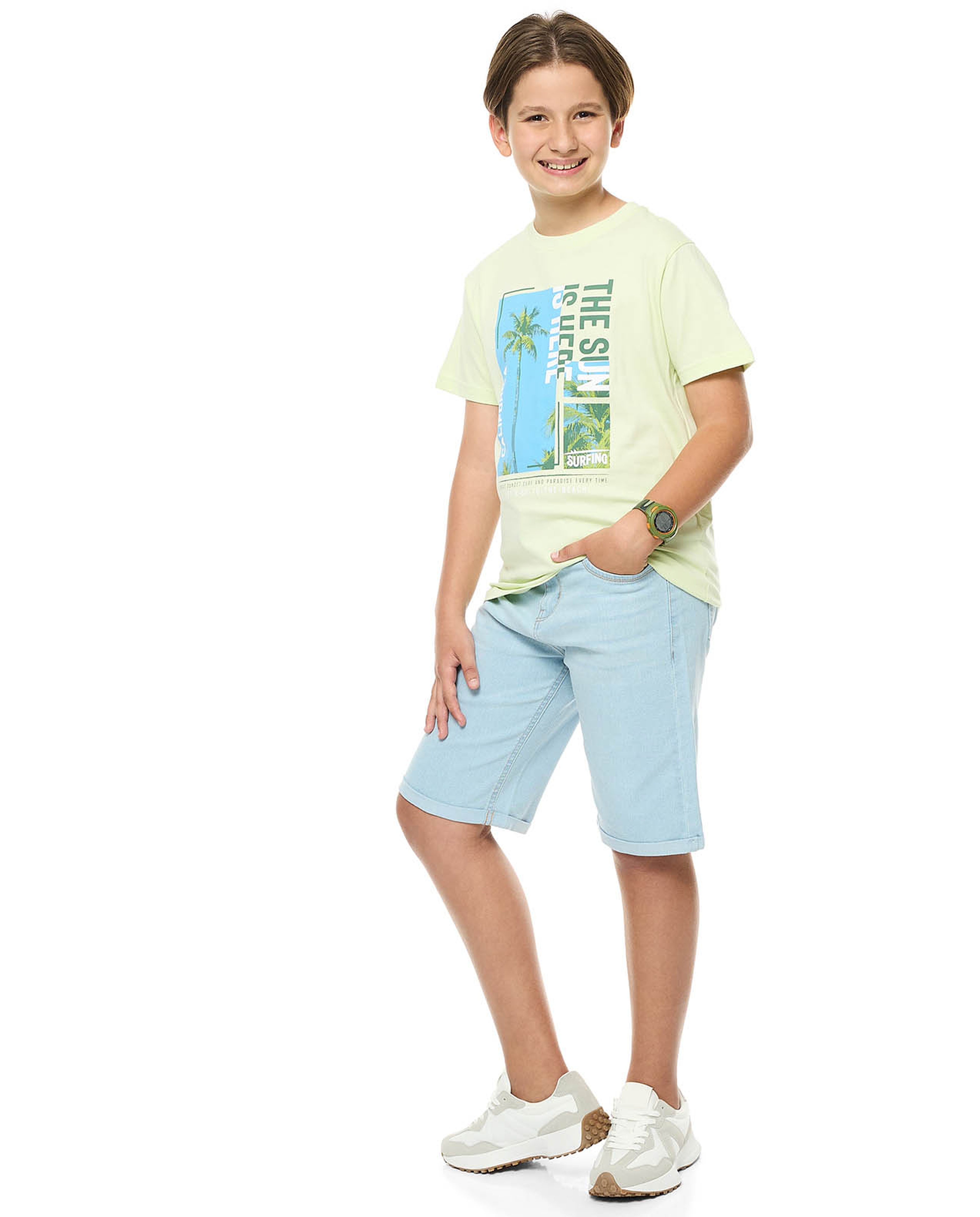 Washed Denim Shorts with Button Closure