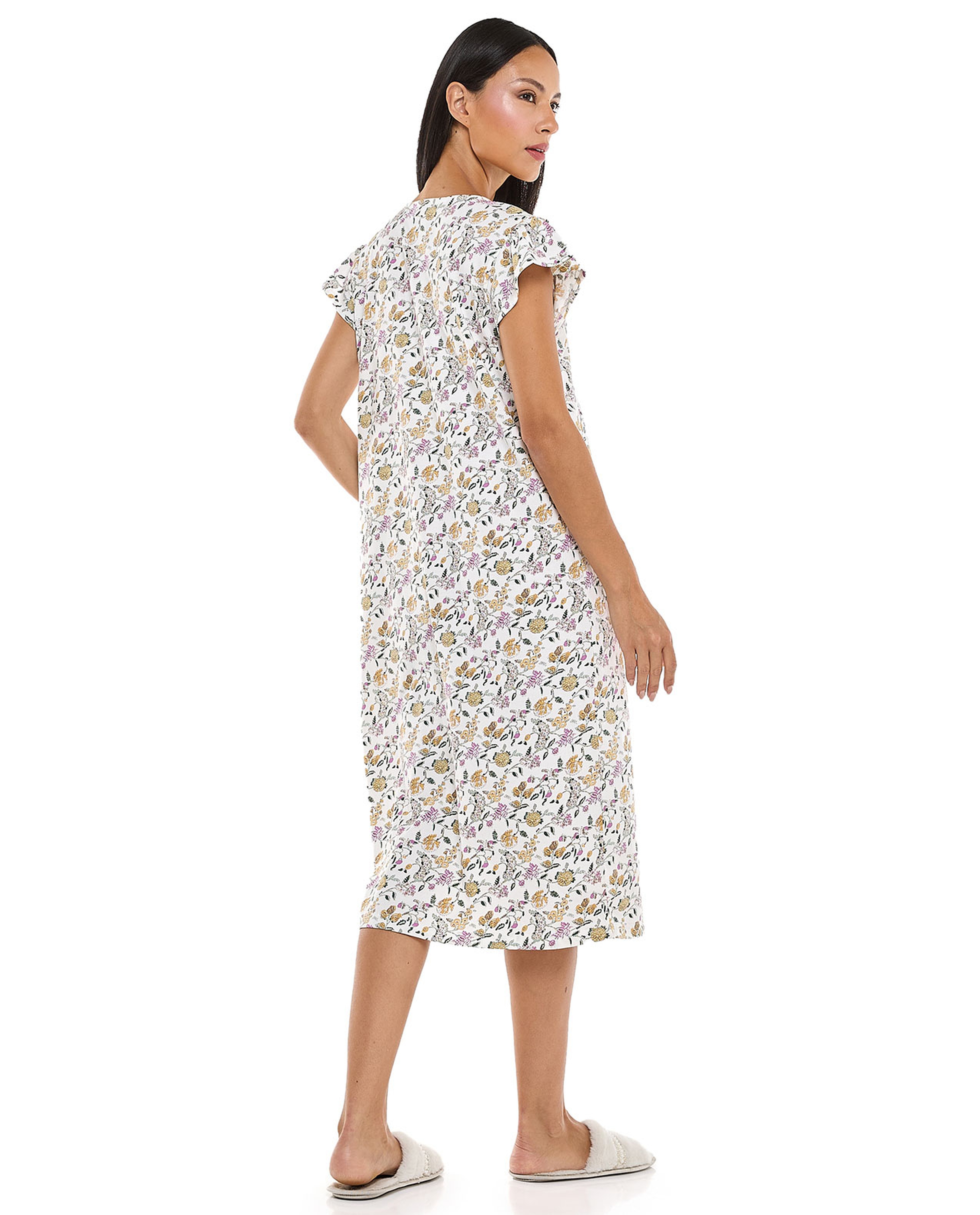 Floral Patterned Nightdress with V-Neck and Ruffle Sleeves