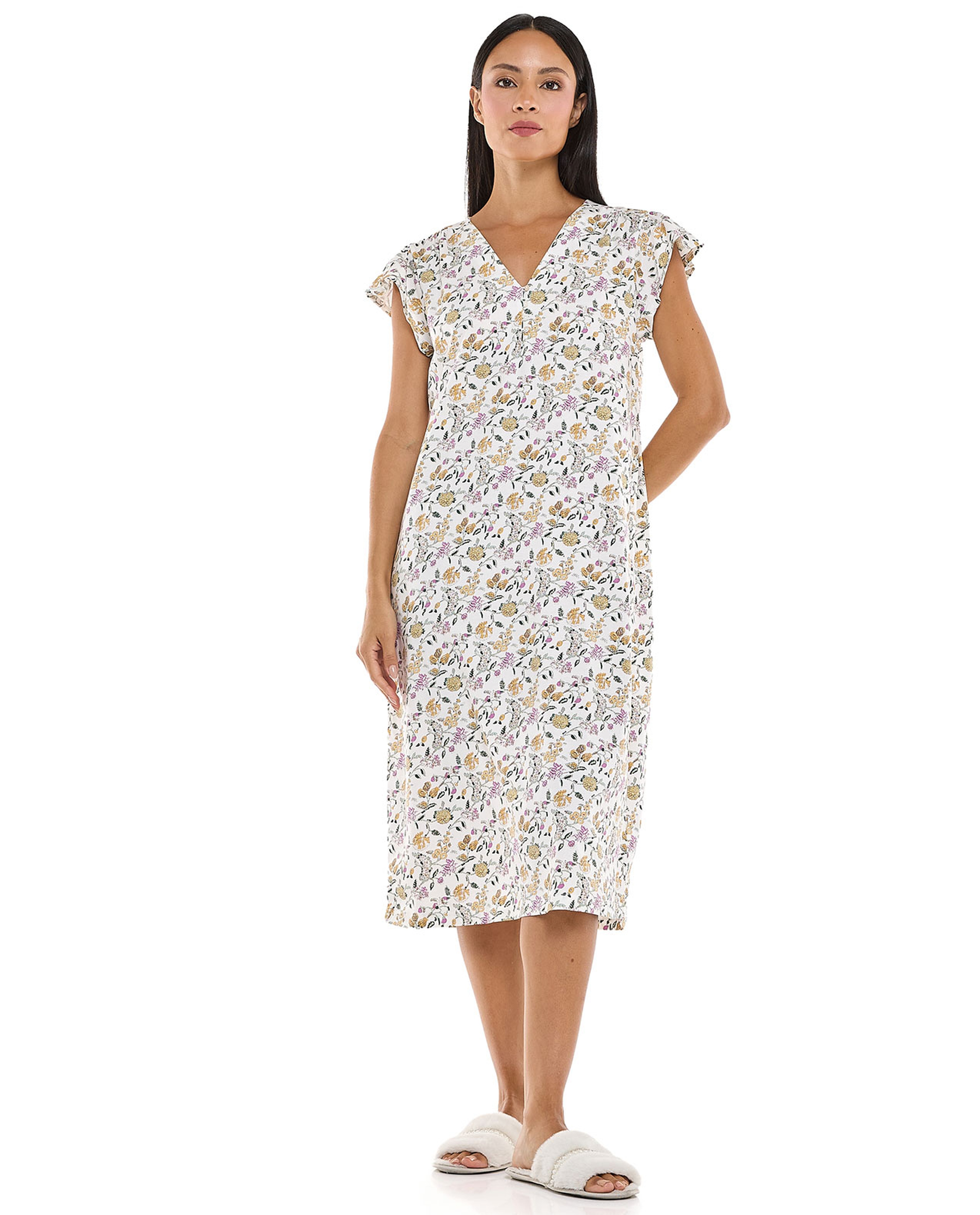 Floral Patterned Nightdress with V-Neck and Ruffle Sleeves