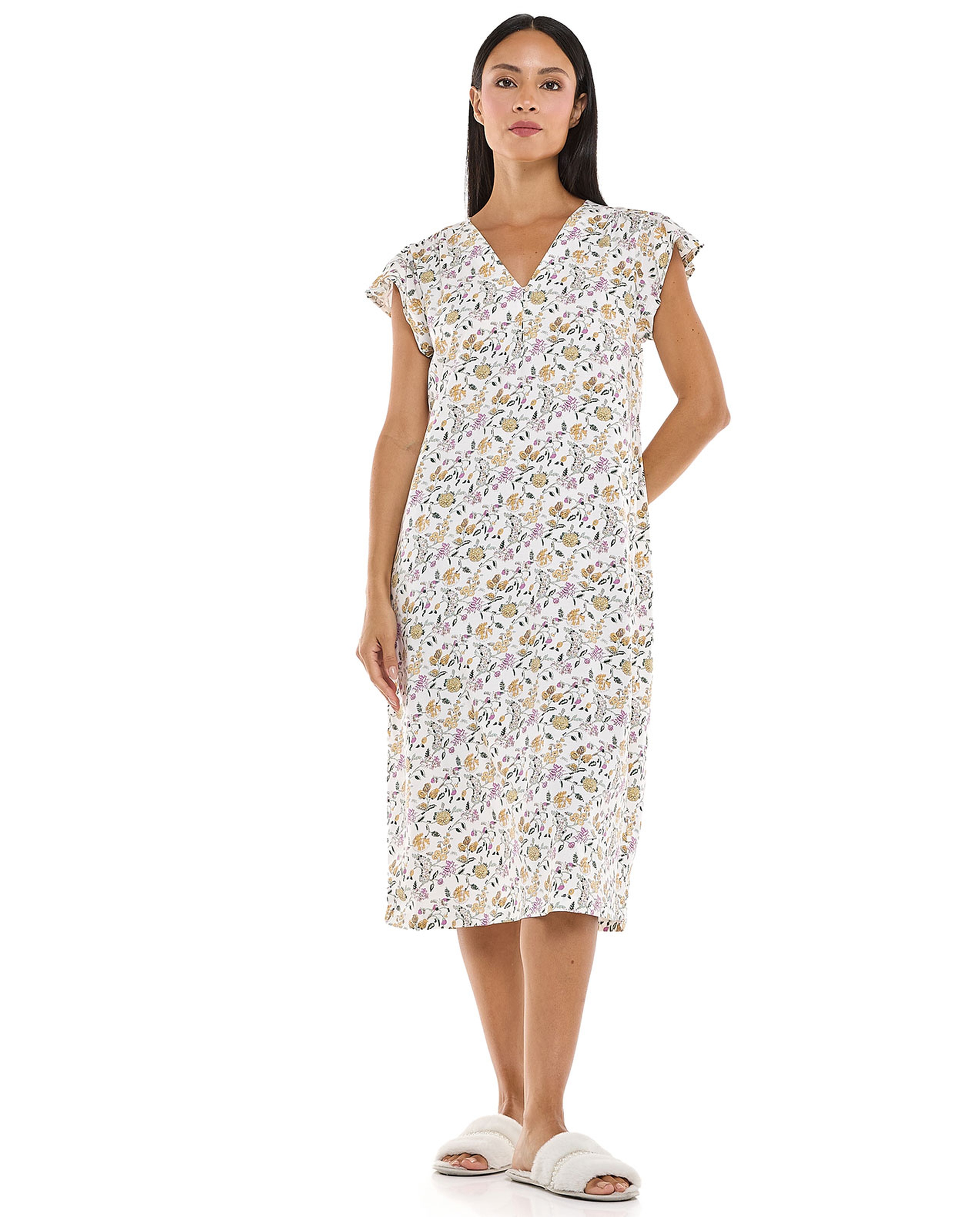 Floral Patterned Nightdress with V-Neck and Ruffle Sleeves