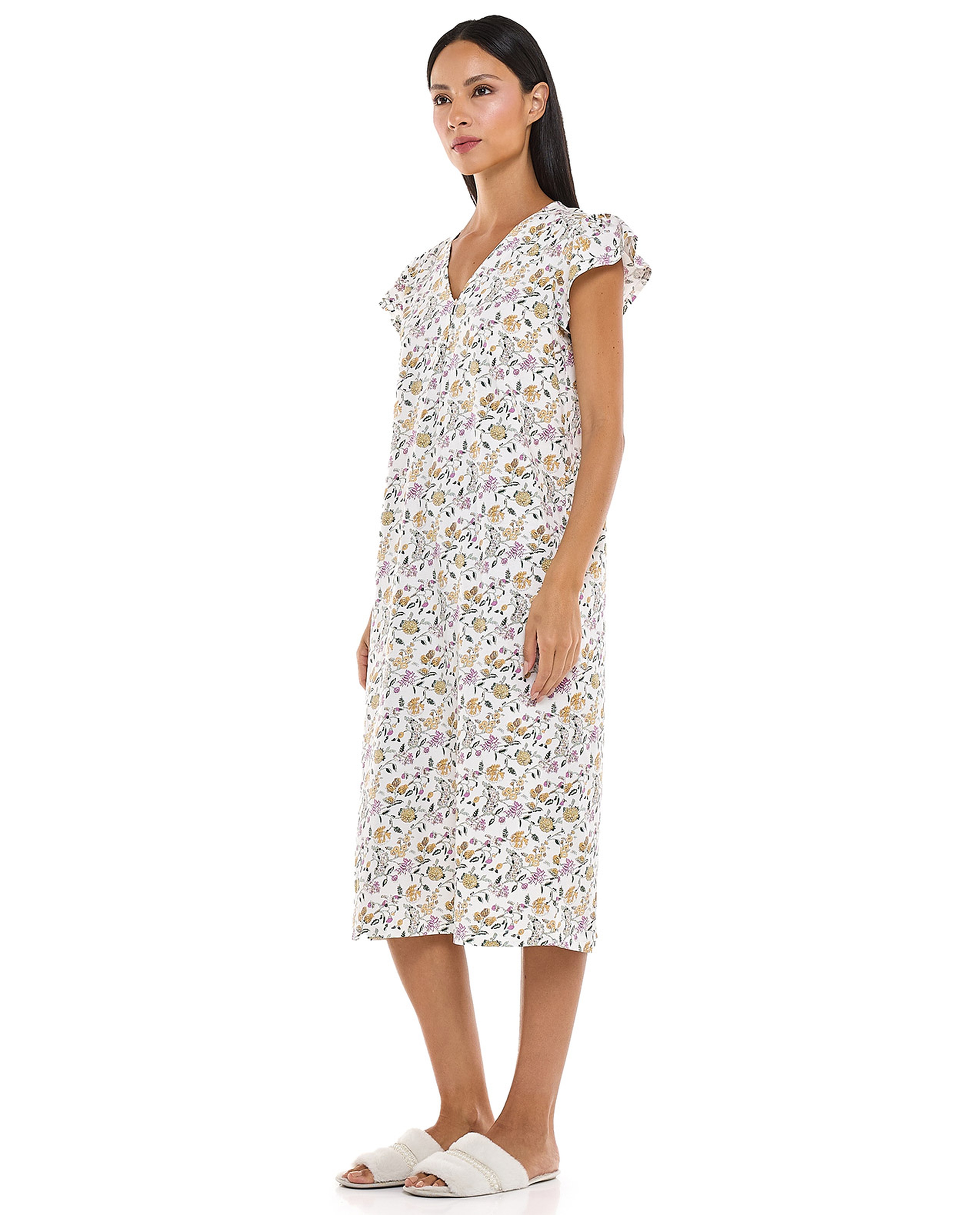 Floral Patterned Nightdress with V-Neck and Ruffle Sleeves