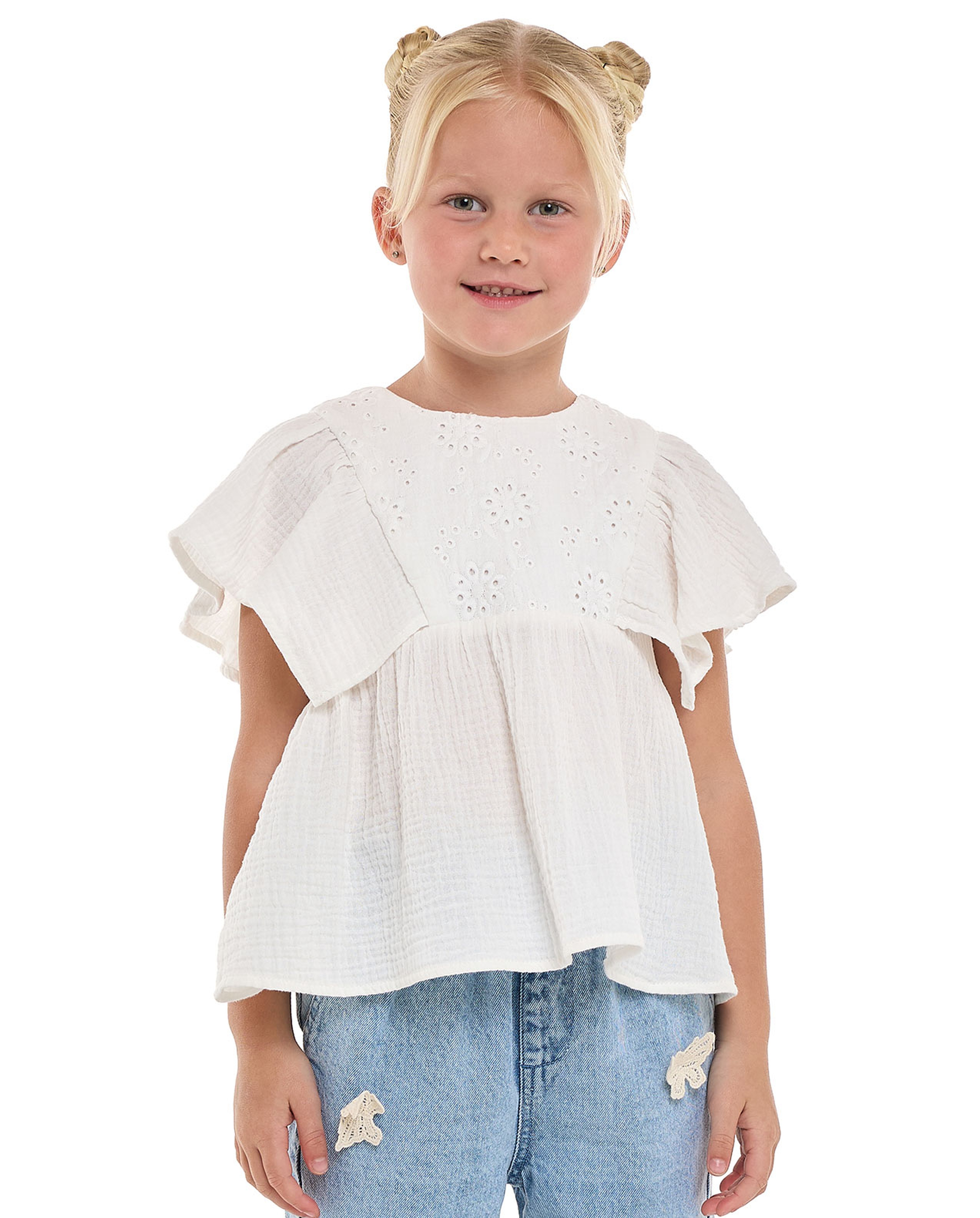 Schiffli Top with Crew Neck and Flutter Sleeves