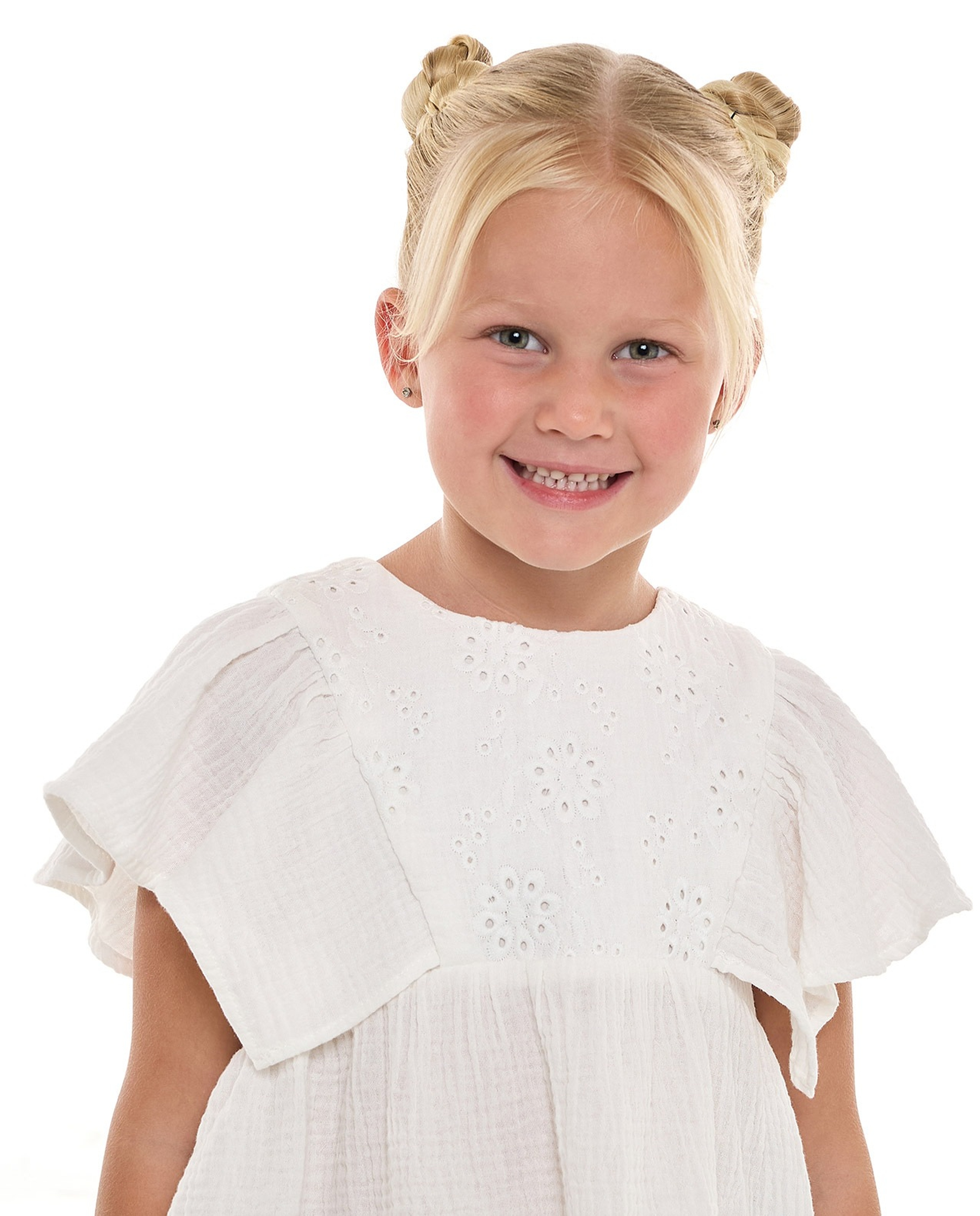 Schiffli Top with Crew Neck and Flutter Sleeves