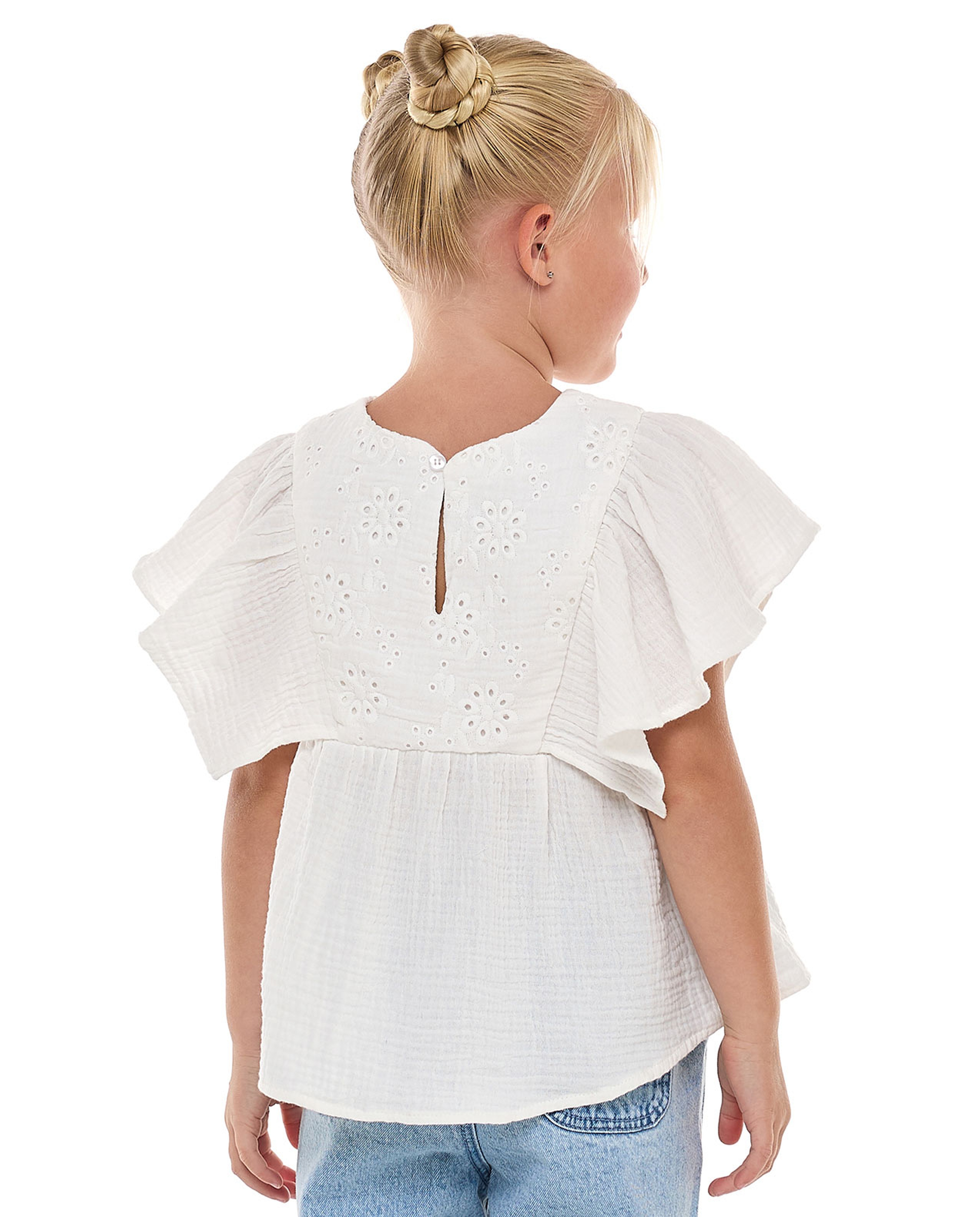 Schiffli Top with Crew Neck and Flutter Sleeves