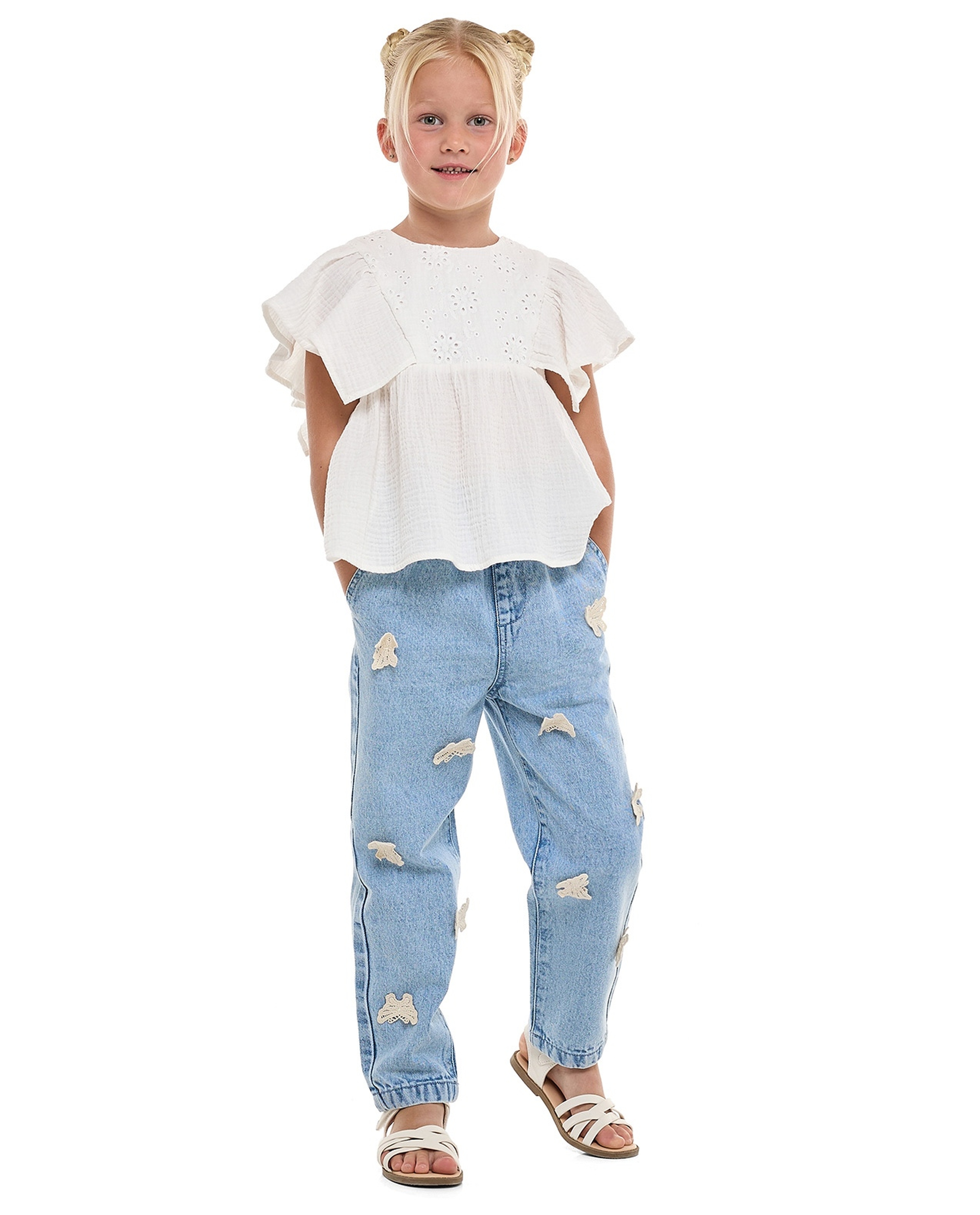 Schiffli Top with Crew Neck and Flutter Sleeves