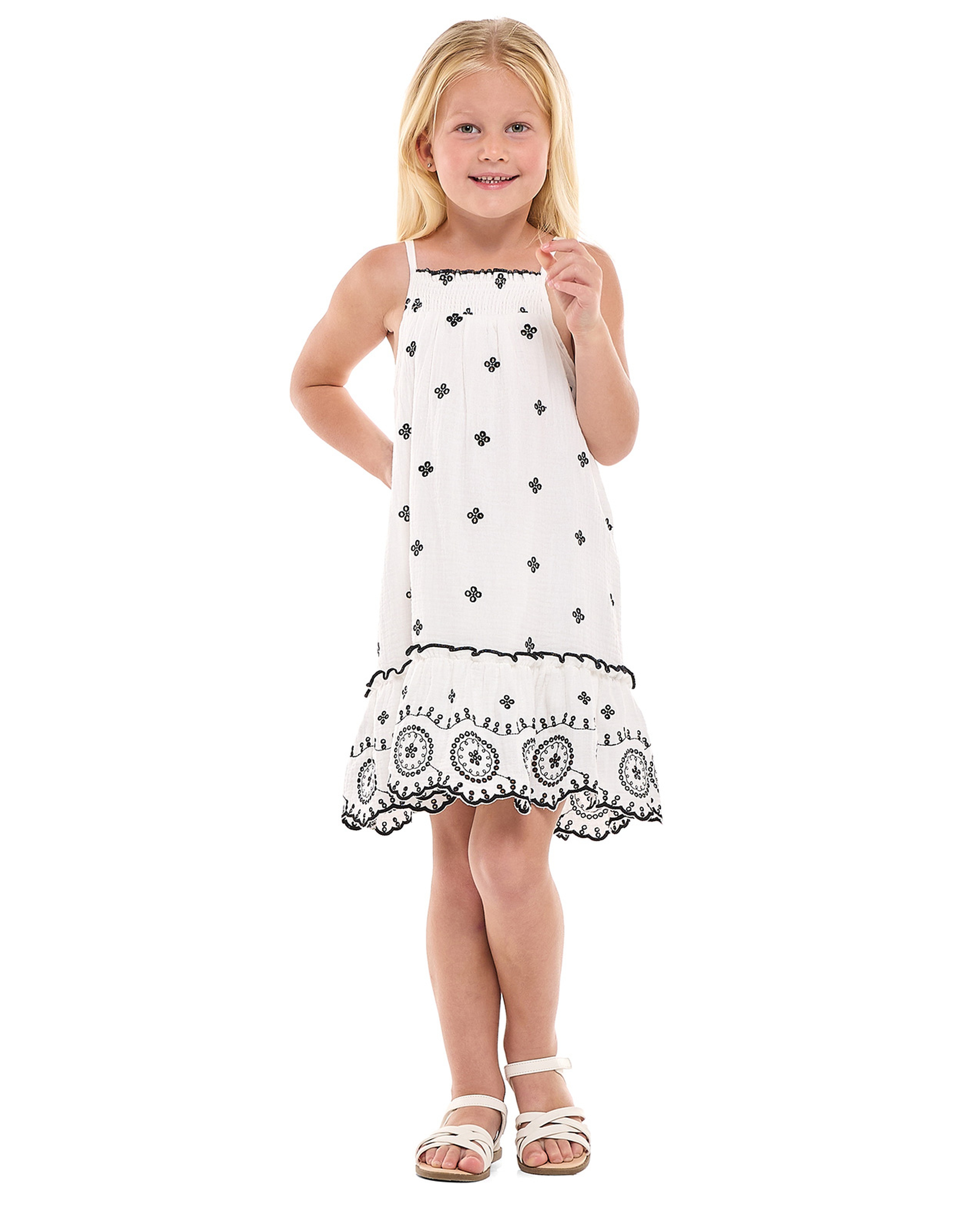 Embroidered Strappy Dress with Square Neck