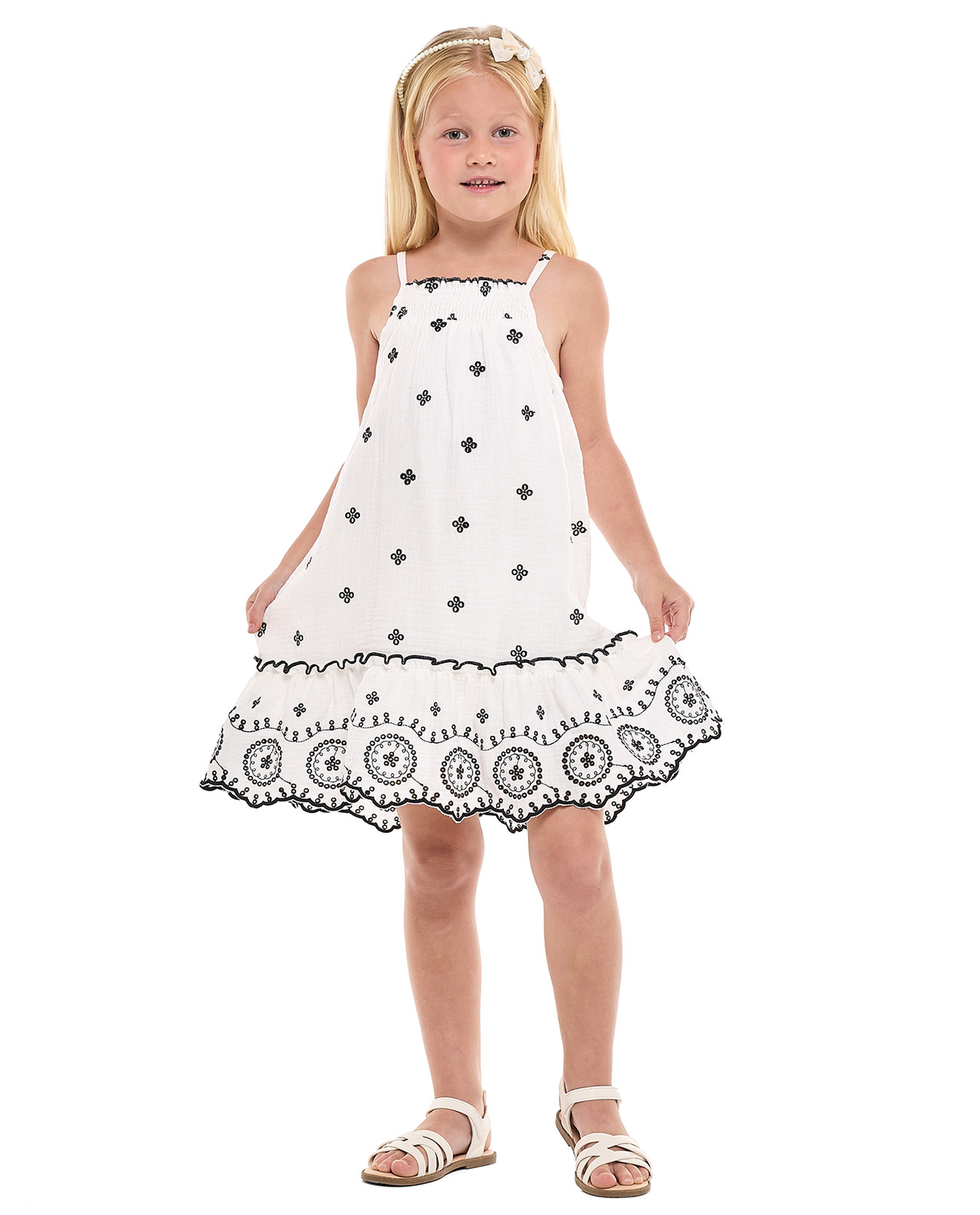 Embroidered Strappy Dress with Square Neck