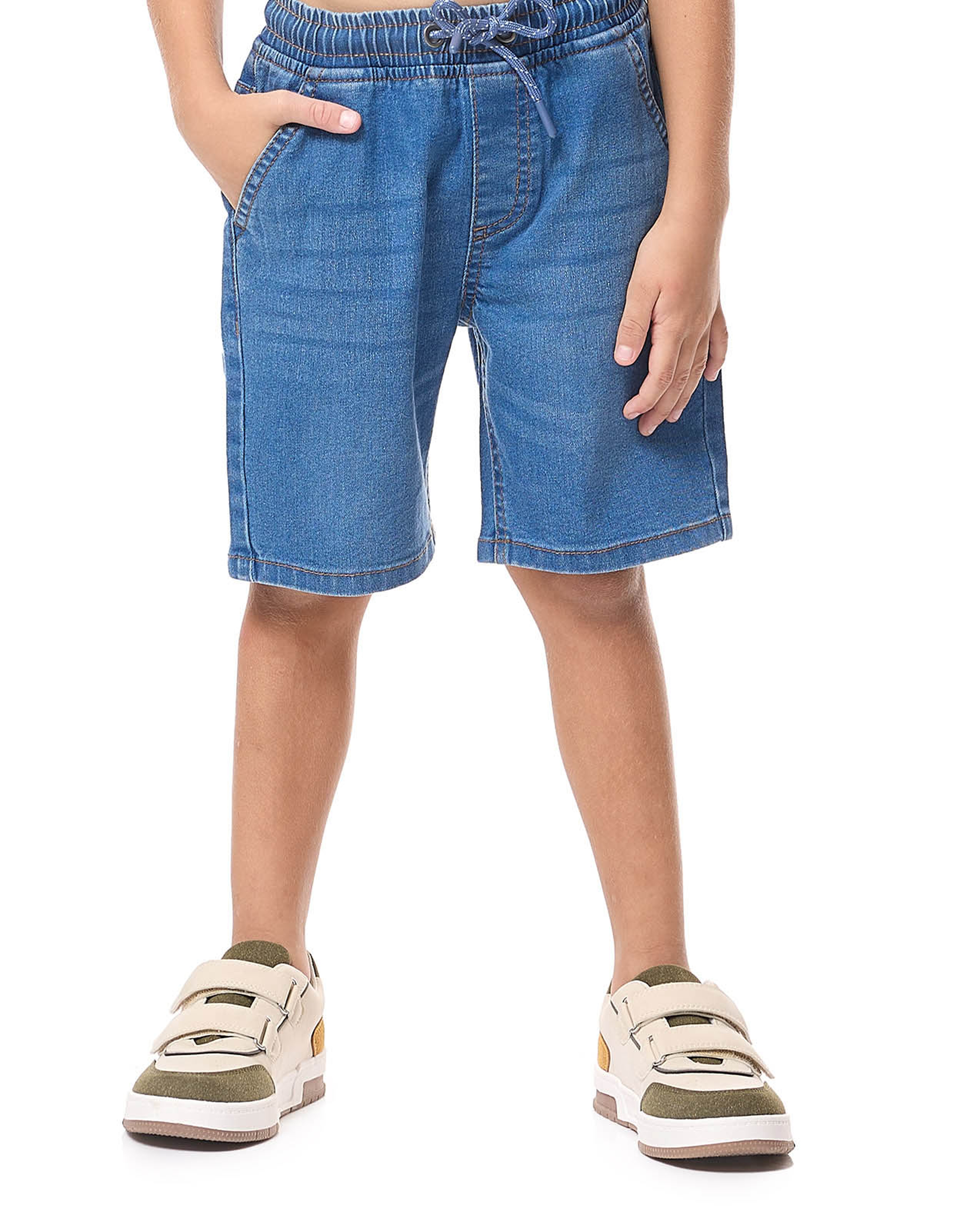 Faded Denim Shorts with Drawstring Waist