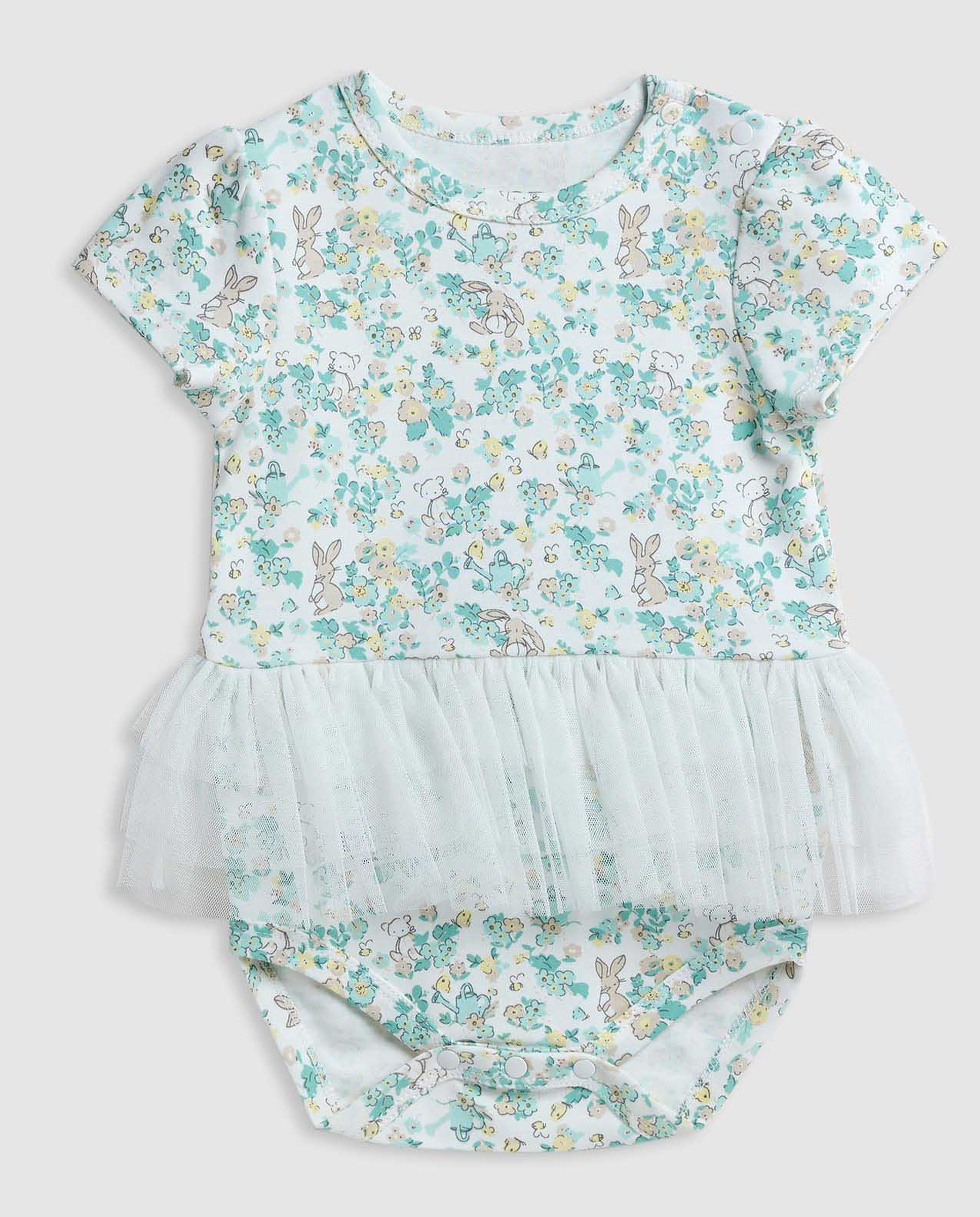 Printed Bodysuit Dress with Crew Neck and Short Sleeves