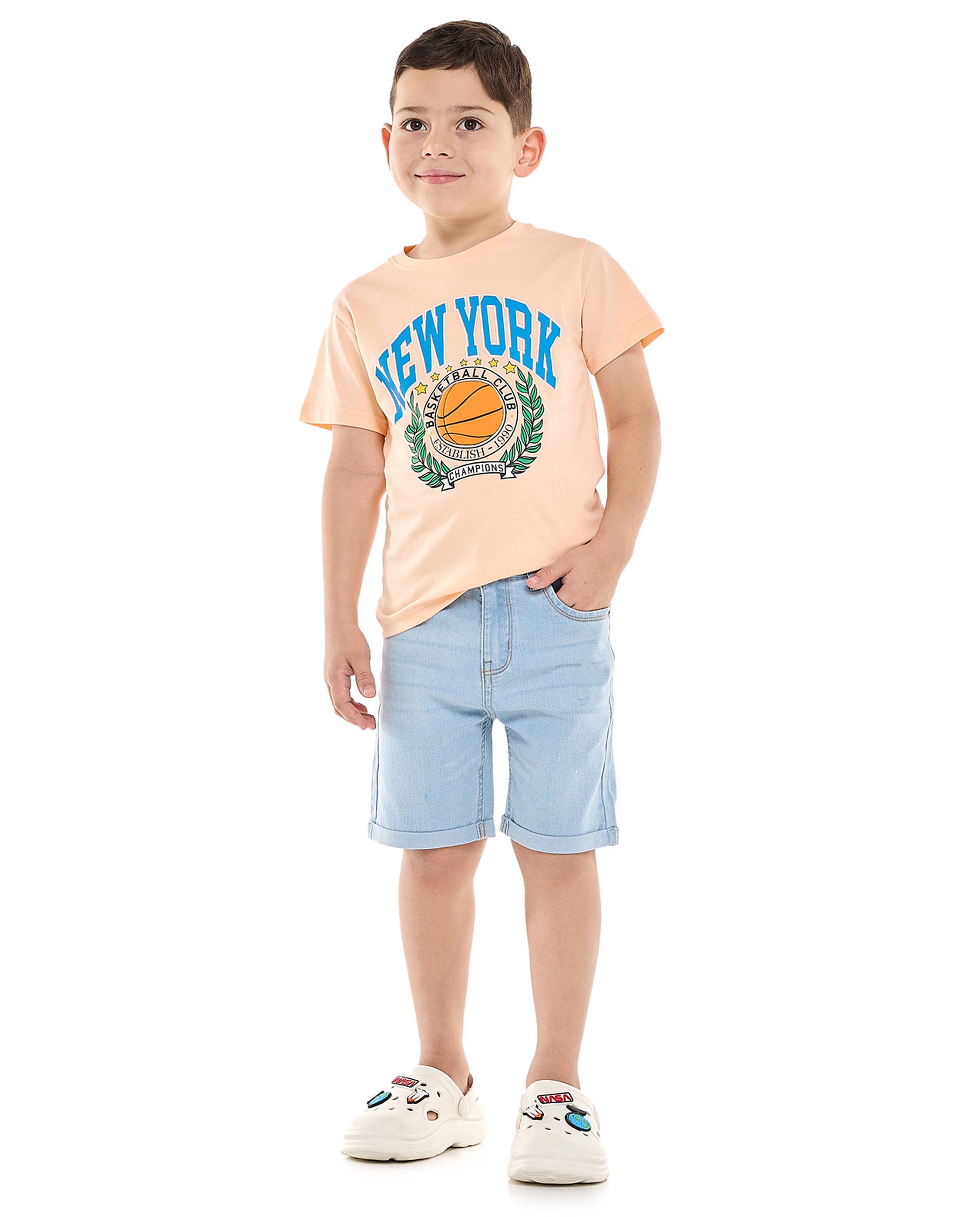 Faded Denim Shorts with Button Closure