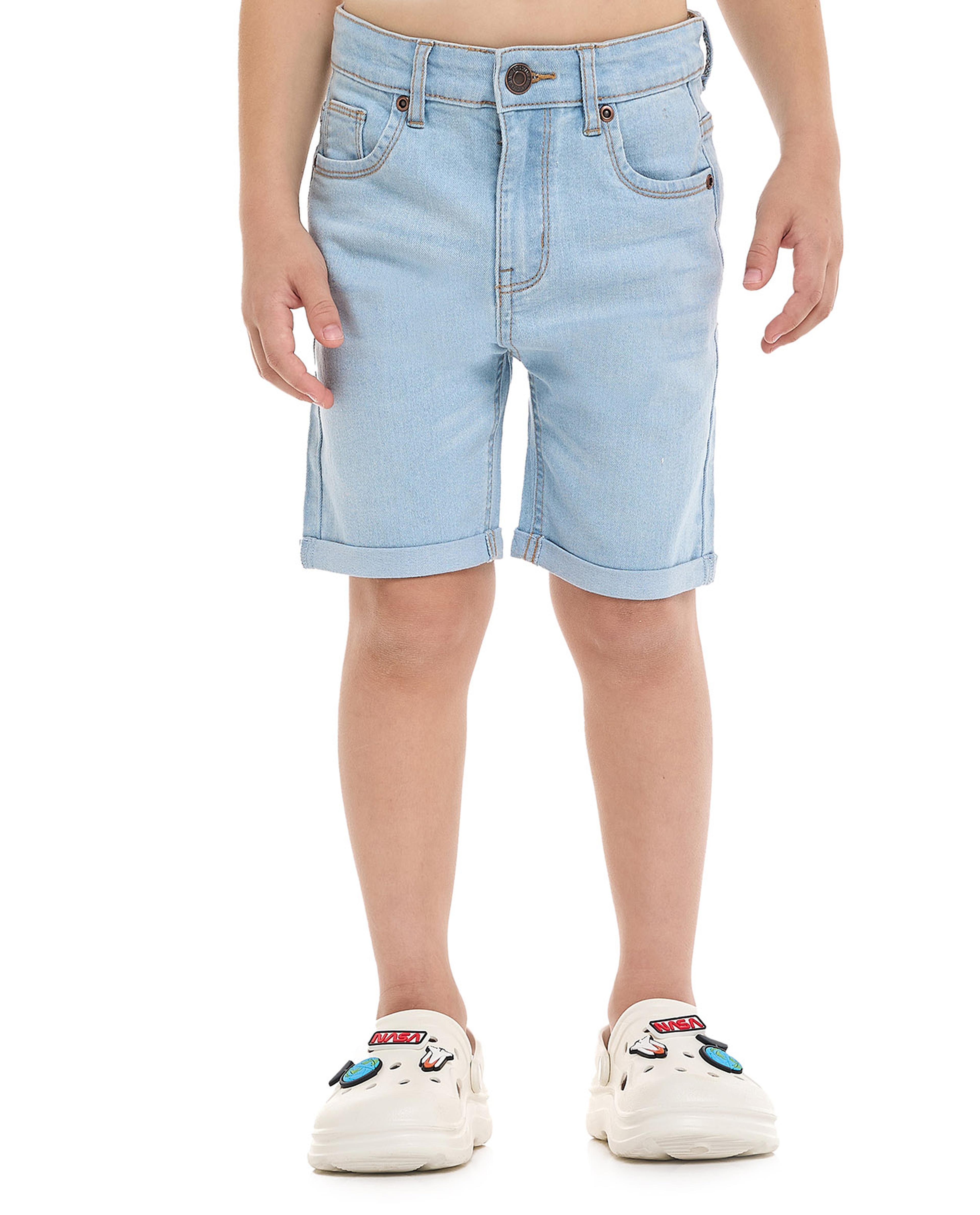 Faded Denim Shorts with Button Closure