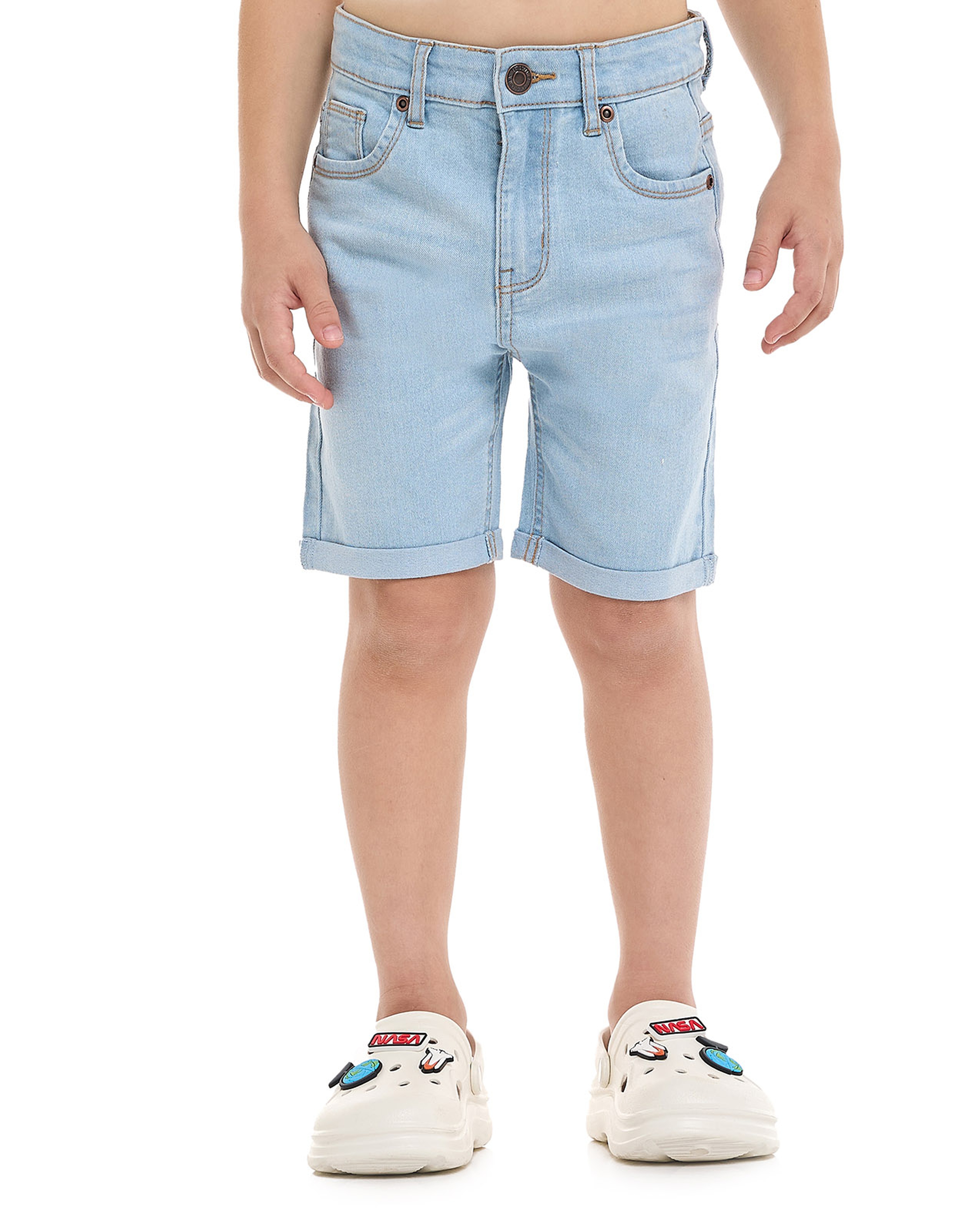 Faded Denim Shorts with Button Closure