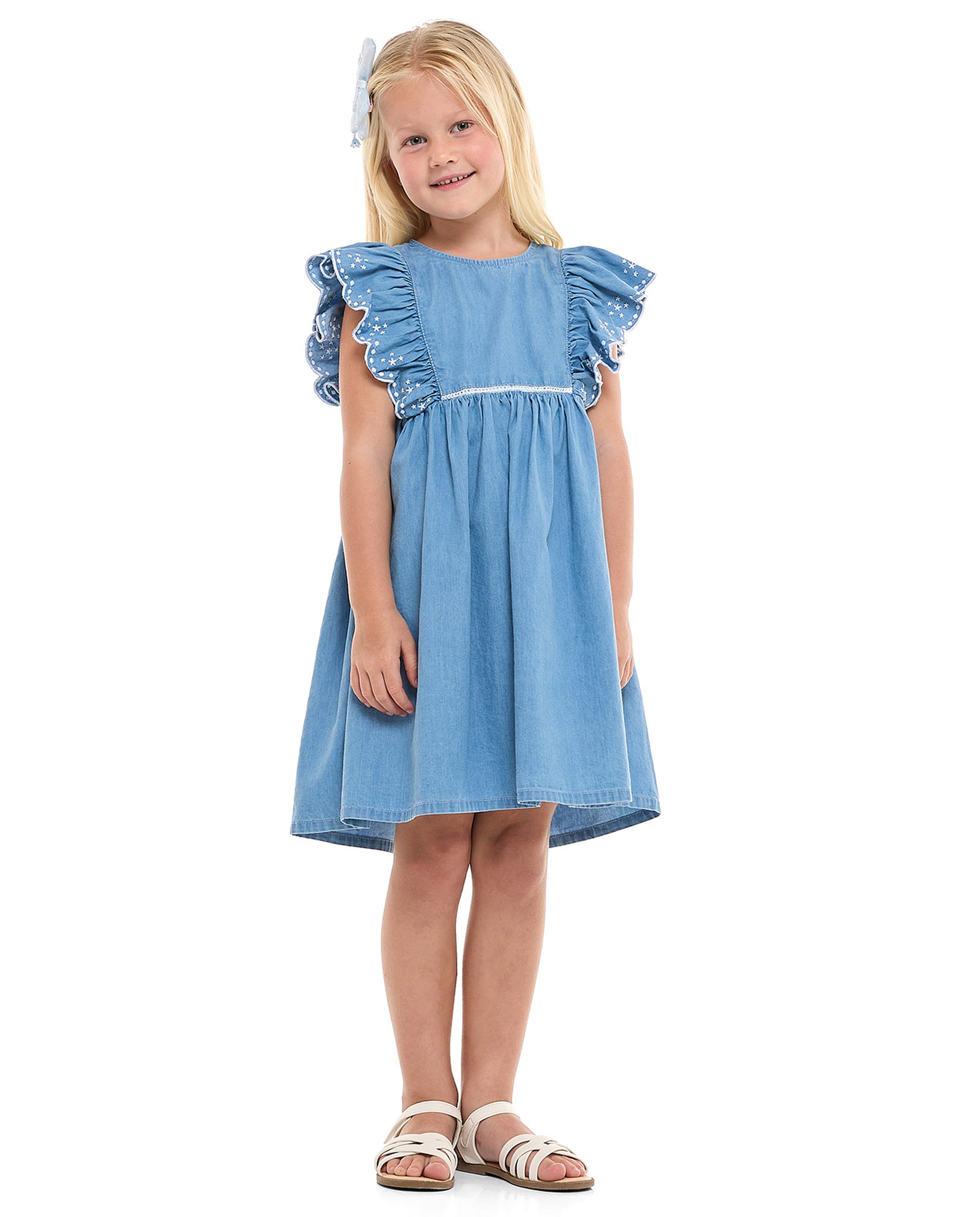 Embroidered Denim Dress with Crew Neck and Flutter Sleeves