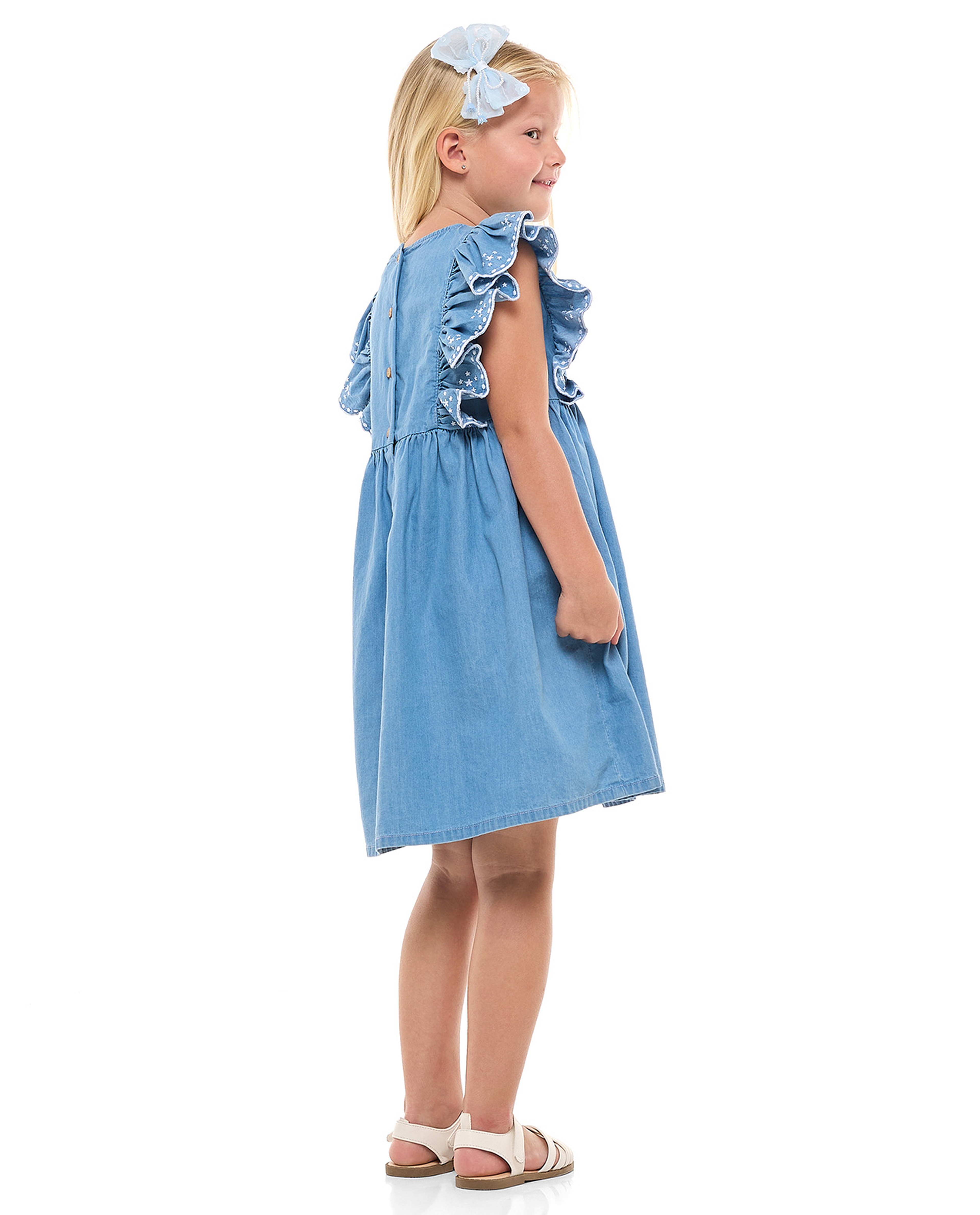 Embroidered Denim Dress with Crew Neck and Flutter Sleeves